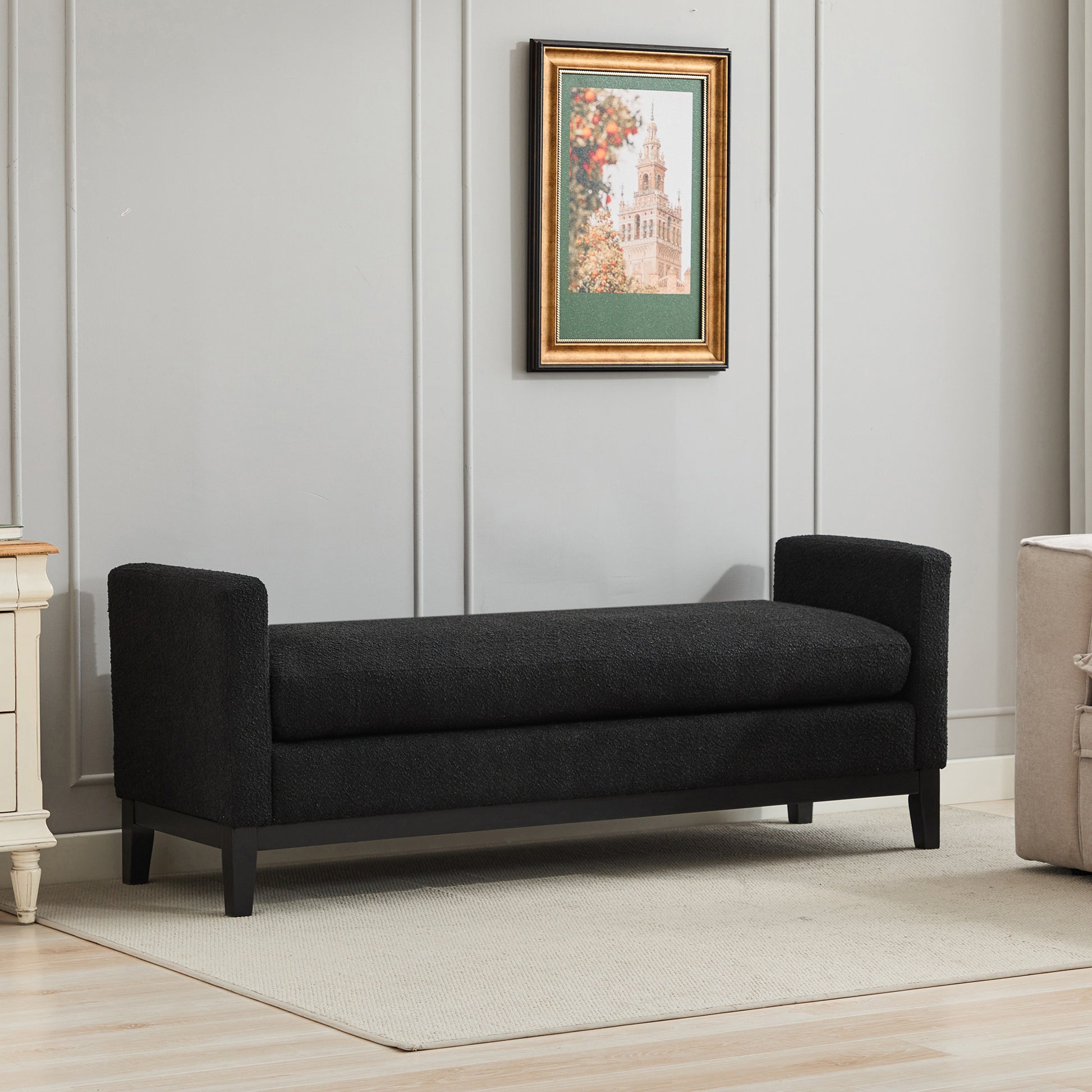 66.34"W Elegant Upholstered Bench,Daybed, Ottoman With Wood Legs & 2 Bolster Pillows For End Of Bed, Bedroom, Living Room, Entryway,Black Boucle Black Boucle