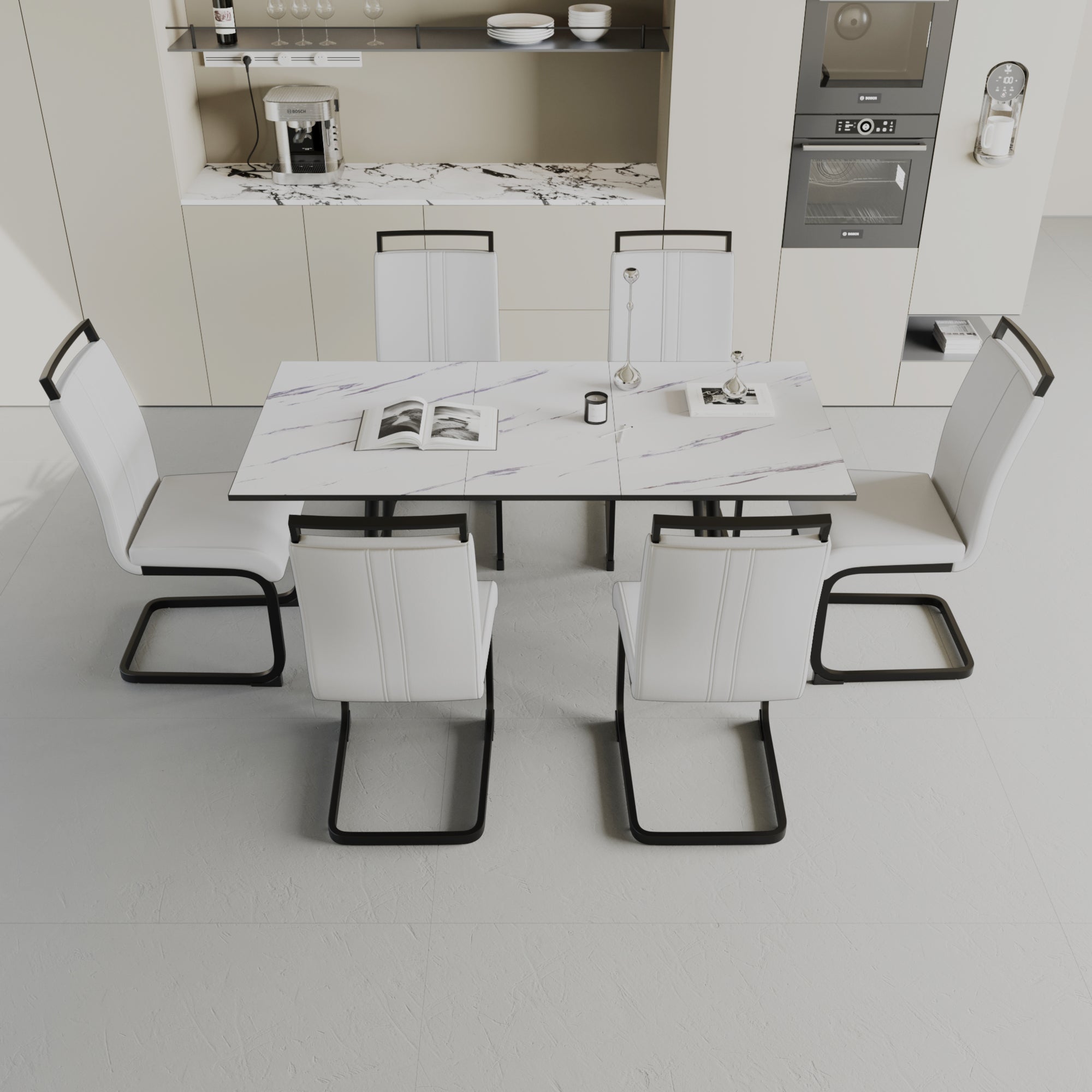 An Expandable Dining Table Set For 2 6 People, Equipped With A C Shaped Tubular Cushioned Armless Dining Chair And An Elegant And Spacious Dining Table Kitchen Table And Chair Set, With Metal Legs White Mdf