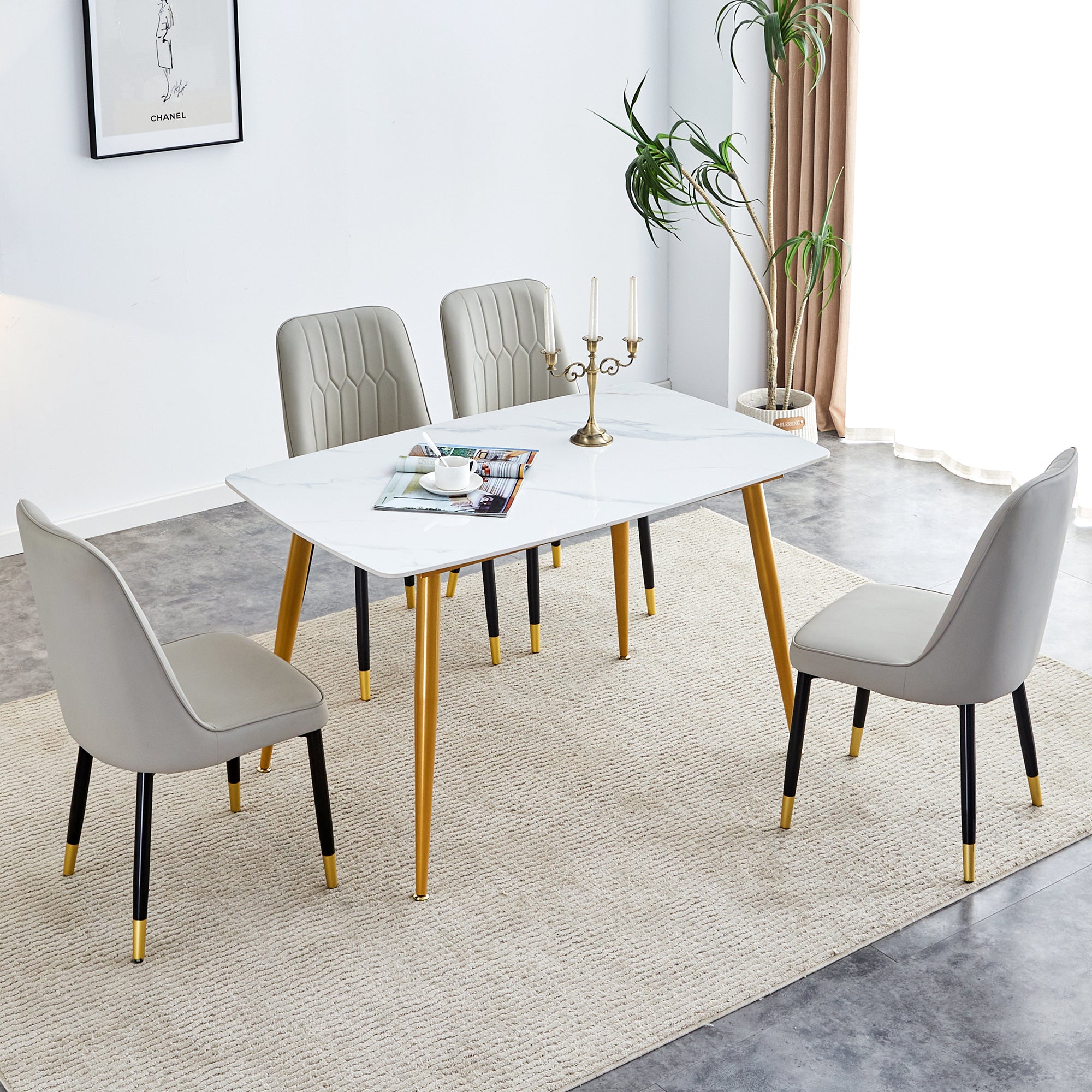 Table And Chair Set.A Morden Table With White Imitation Marble Patterned Stone Burning Tabletop With Golden Metal Legs.Paried With 4 Chairs With Pu Leather Backrest And Black Metal Legs. Light Gray,White Gold Seats 4 Metal,Sintered Stone