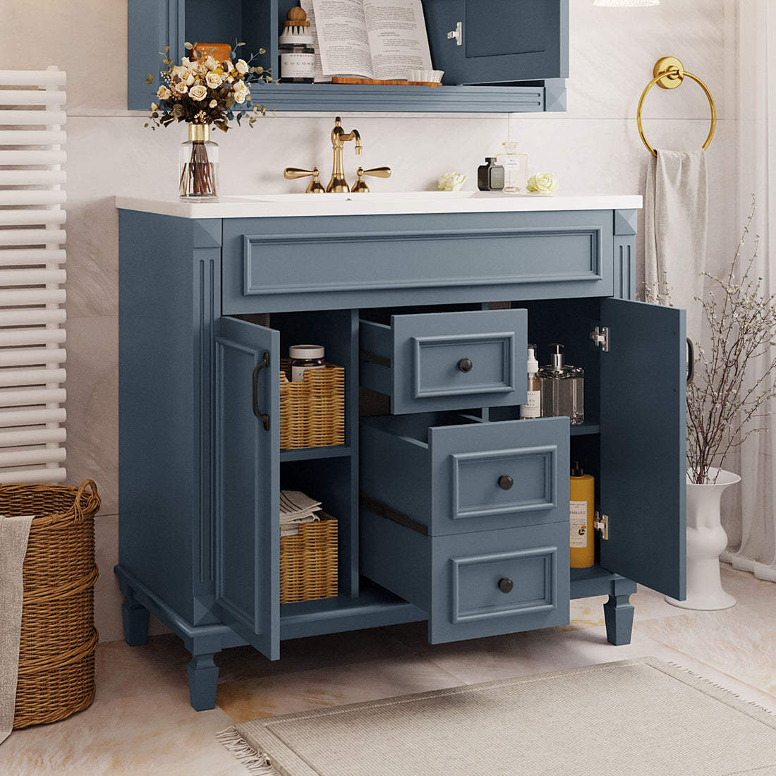 36'' Bathroom Vanity With Top Sink, Modern Bathroom Storage Cabinet With 2 Soft Closing Doors And 2 Drawers, Single Sink Bathroom Vanity Blue Bathroom Modern Solid Wood Mdf Ceramic,Solid Wood Mdf