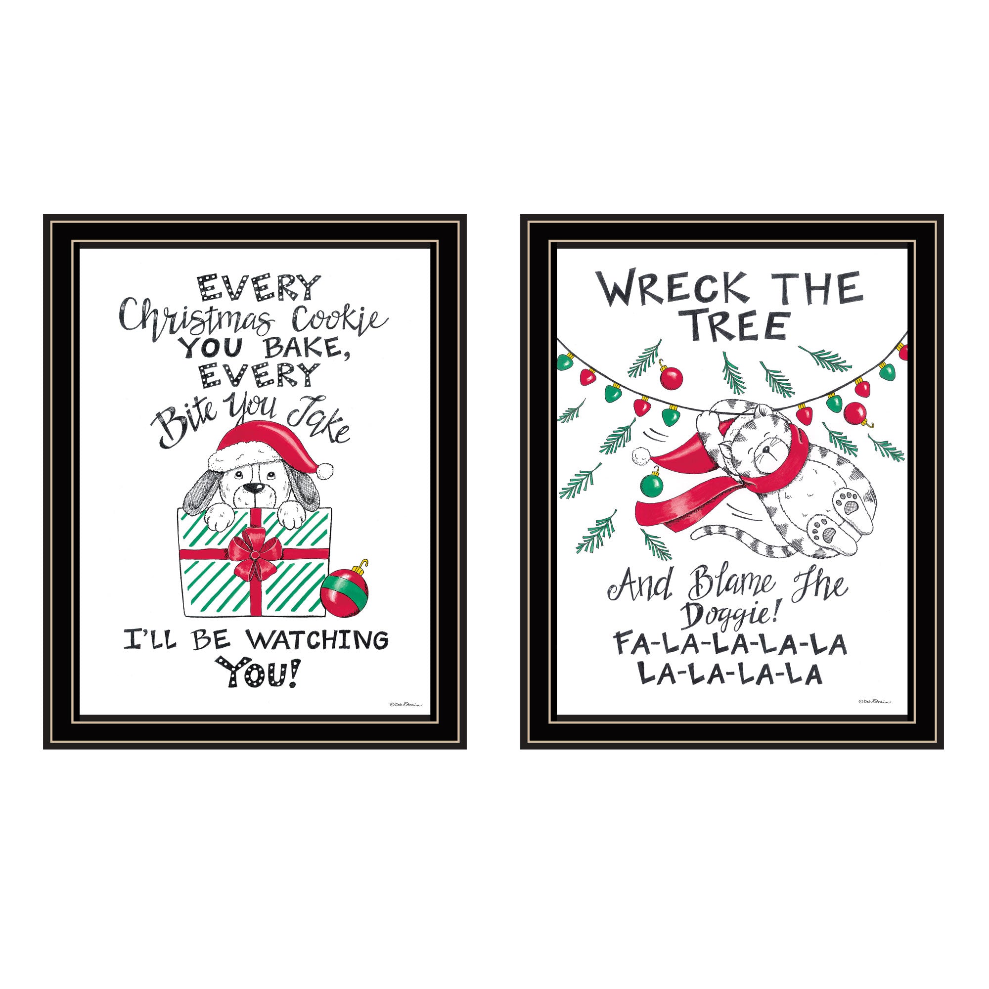2 Piece Vignette Cat & Dog Christmas Enjoyment Black Framed Wall Art For Living Room, Bedroom Wall Art Print For Home Decor By Deb Strain Multi Wood Paper