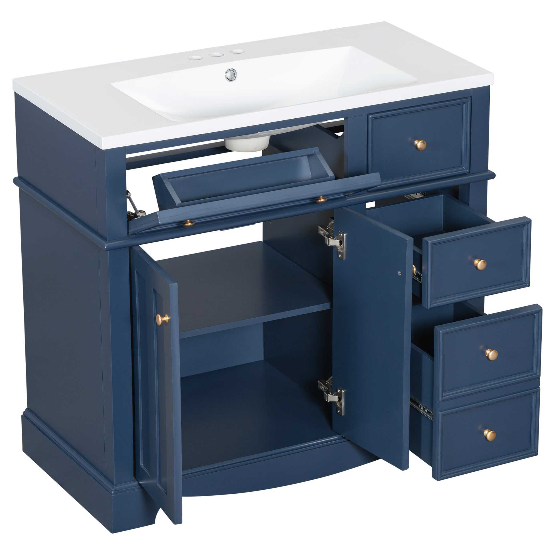36'' Bathroom Vanity With Resin Sink Combo, Solid Wood Frame Bathroom Storage Cabinet, Freestanding Vanity Set With 3 Drawers& Adjustable Shelf Blue Bathroom Modern Solid Wood Mdf Resin