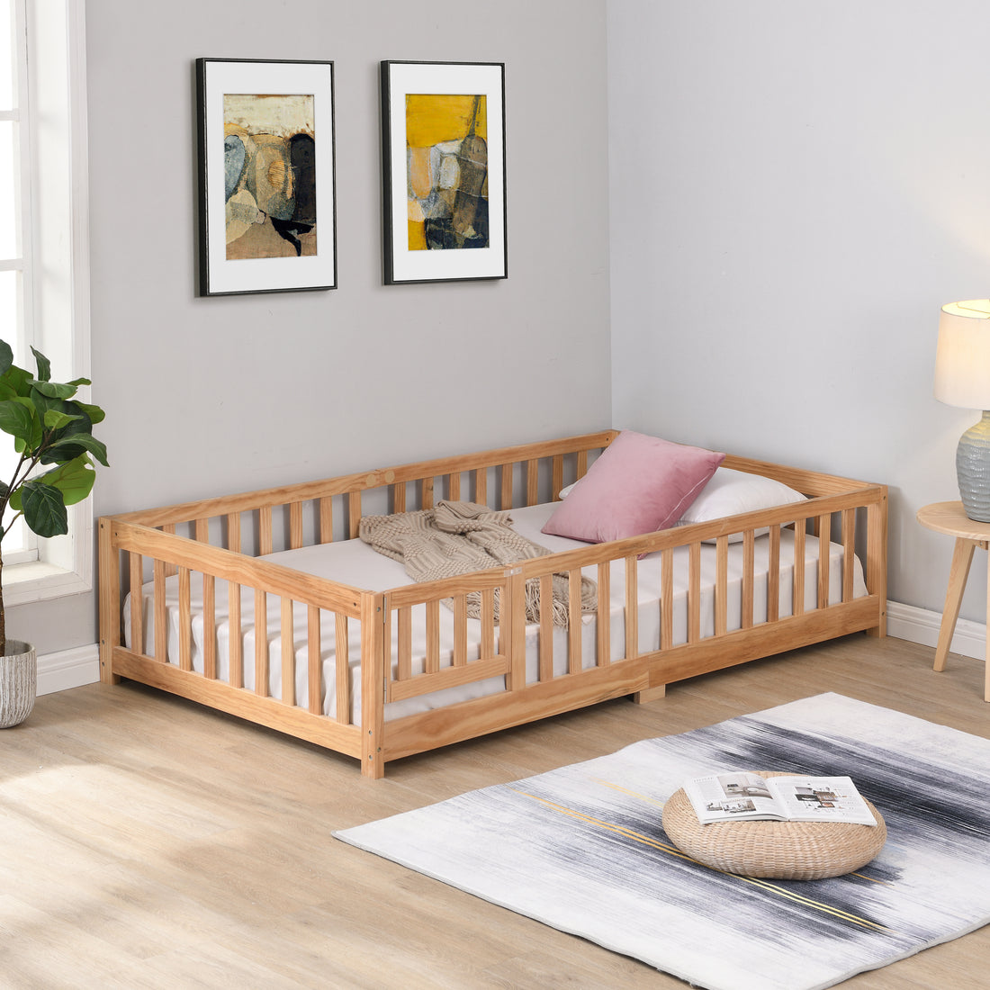 Queen Size Floor Bed With Door, Solid Wood Platform Bed Frame With Fencesuitable For Childrenpine Woodnatural Queen Natural Wood