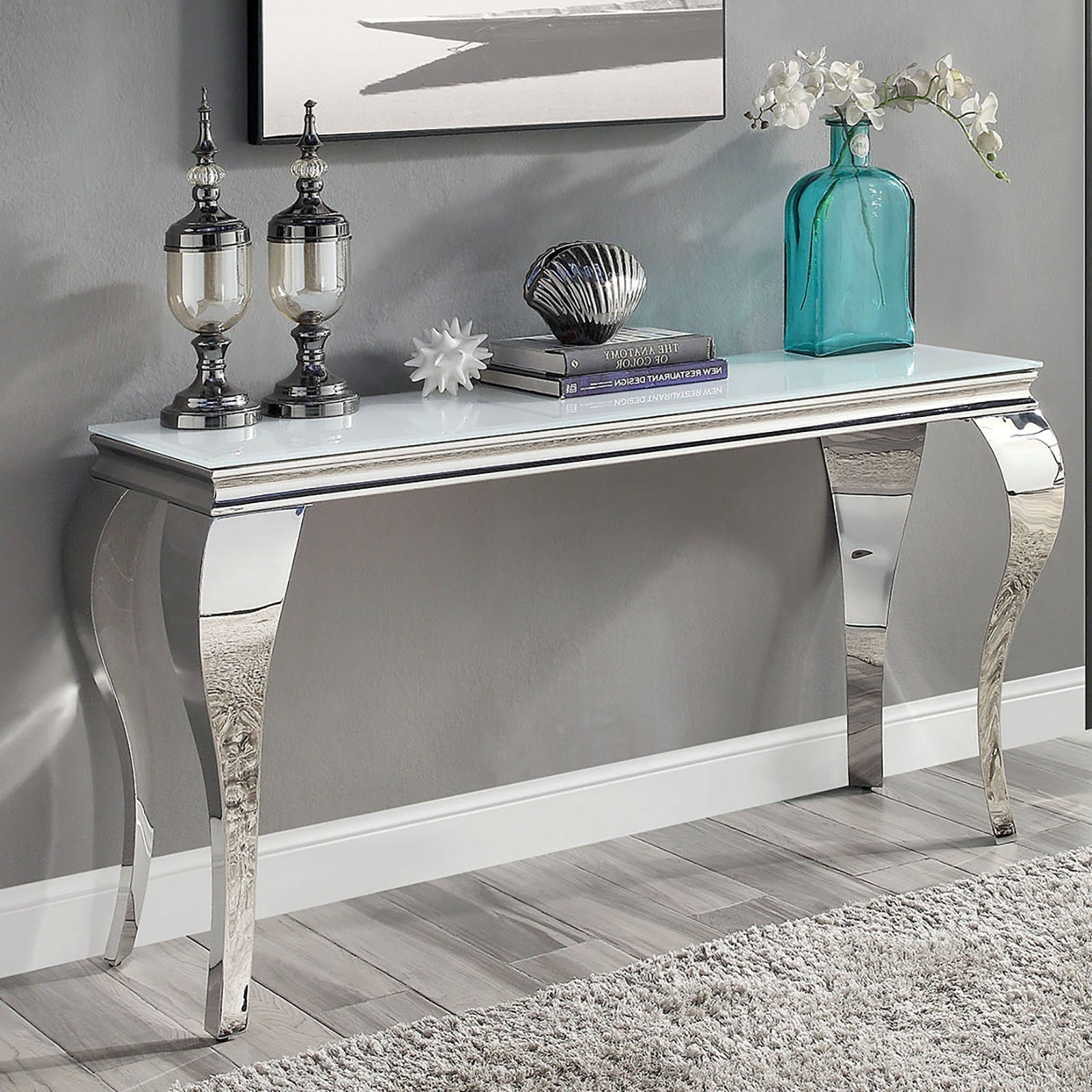 Glam Contemporary 1Pc Sofa Table White Glass Top Silver Color Table Living Room Stainless Steel Cabriole Style Legs Silver,White Primary Living Space Classic,Modern,Transitional Console Tables Rectangular Glass,Stainless Steel