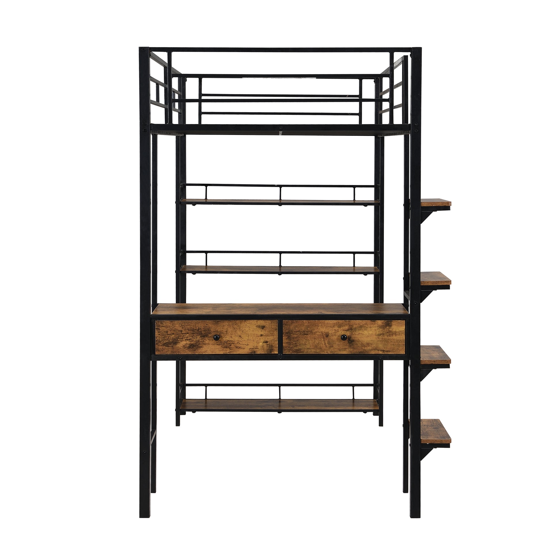 Twin Size Metal Loft Bed With Desk And Shelves, Black Box Spring Not Required Twin Black Metal Solid Wood Mdf