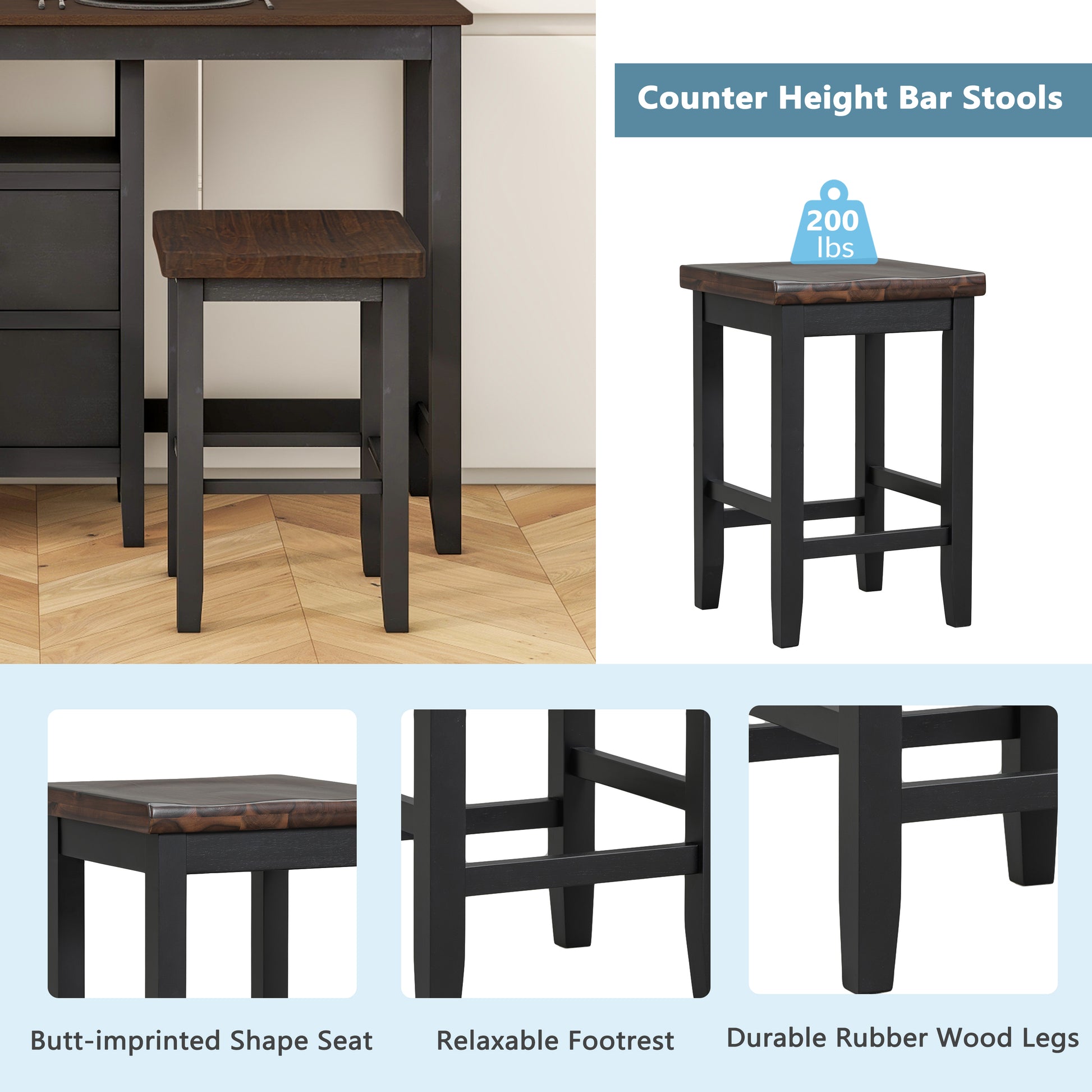 Farmhouse Rustic 3 Piece Counter Height Wood Dining Table Set With Cabinet,2 Storage Drawers And 2 Stools For Small Places,Black Cherry Wood Wood Cherry Seats 2 Wood Dining Room Farmhouse Rubberwood Rectangular Foam Solid Wood