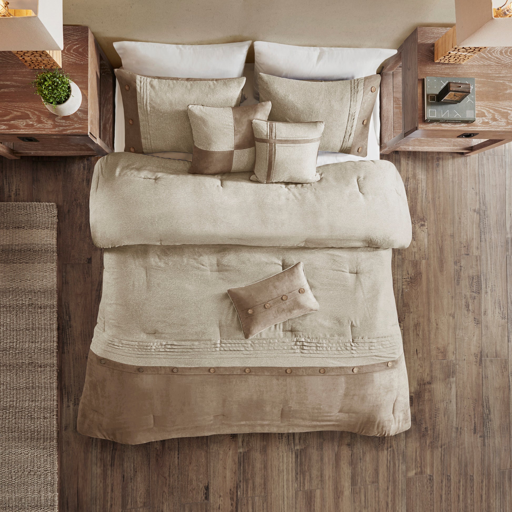 7 Piece Faux Suede Comforter Set Tan Cal King California King Tan Polyester