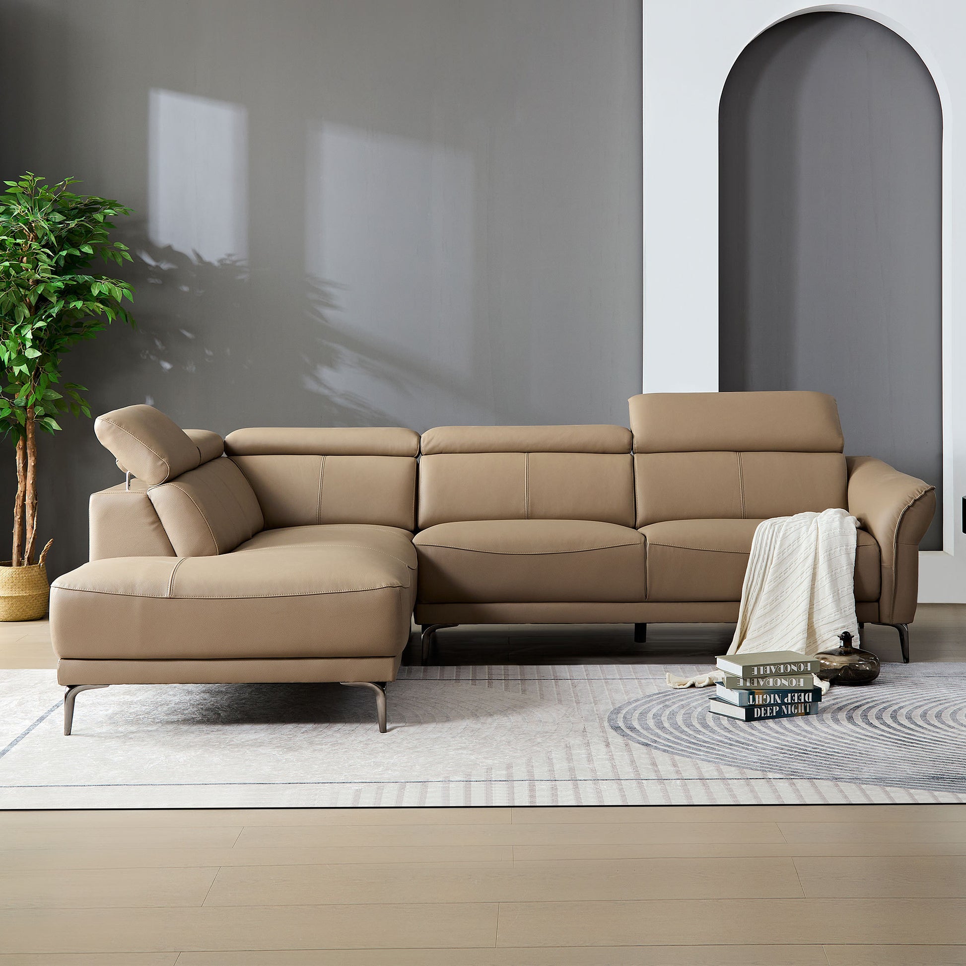 111.42Inch Modern Design L Shaped Deep Sectional Couch,Genuine Leather Sofa With Adjustable Headrests Couch,Minimalist Style Comfy Upholstery Corner Couch With Chaise For Living Room,Apartment,Office Brown Genuine Leather 5 Seat