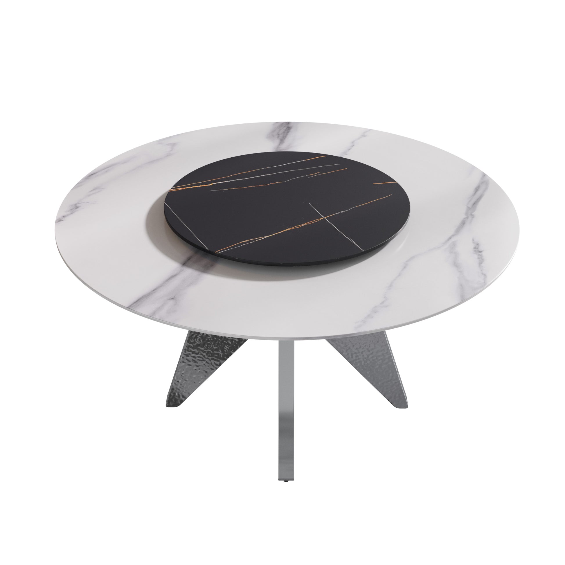 59.05" Round Marble Dining Table With Silver Stainless Steel Design Base, Artificial Marble For 6 8 People, 31.5"Black Artificial Stone Turntable,White&Black Dining Table Only Black,Silver,White