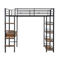 Twin Size Metal Loft Bed With Desk And Shelves, Black Box Spring Not Required Twin Black Metal Solid Wood Mdf