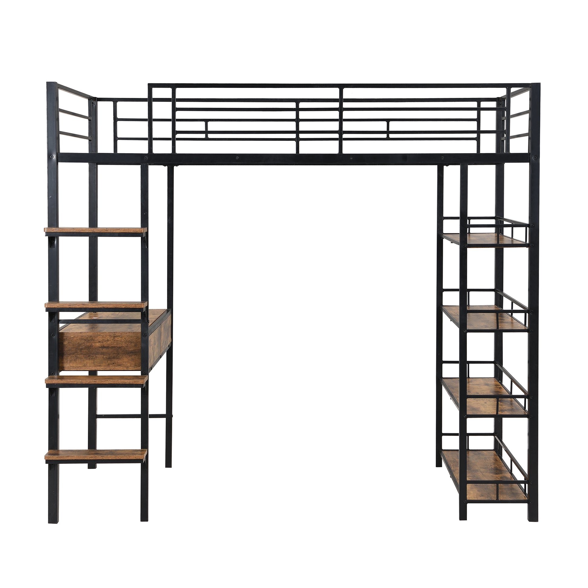 Twin Size Metal Loft Bed With Desk And Shelves, Black Box Spring Not Required Twin Black Metal Solid Wood Mdf