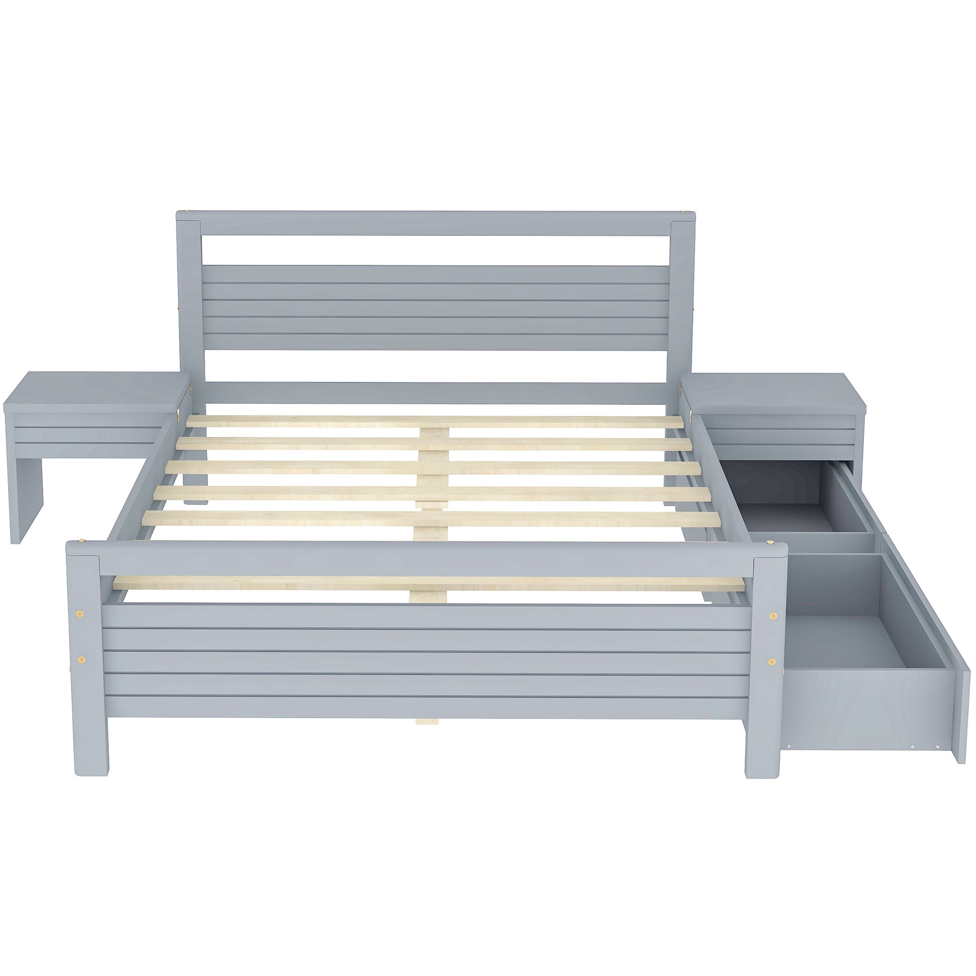 Full Size Wooden Platform Bed With 2 Storage Drawers And 2 Bedside Tables, Gray Full Gray Pine