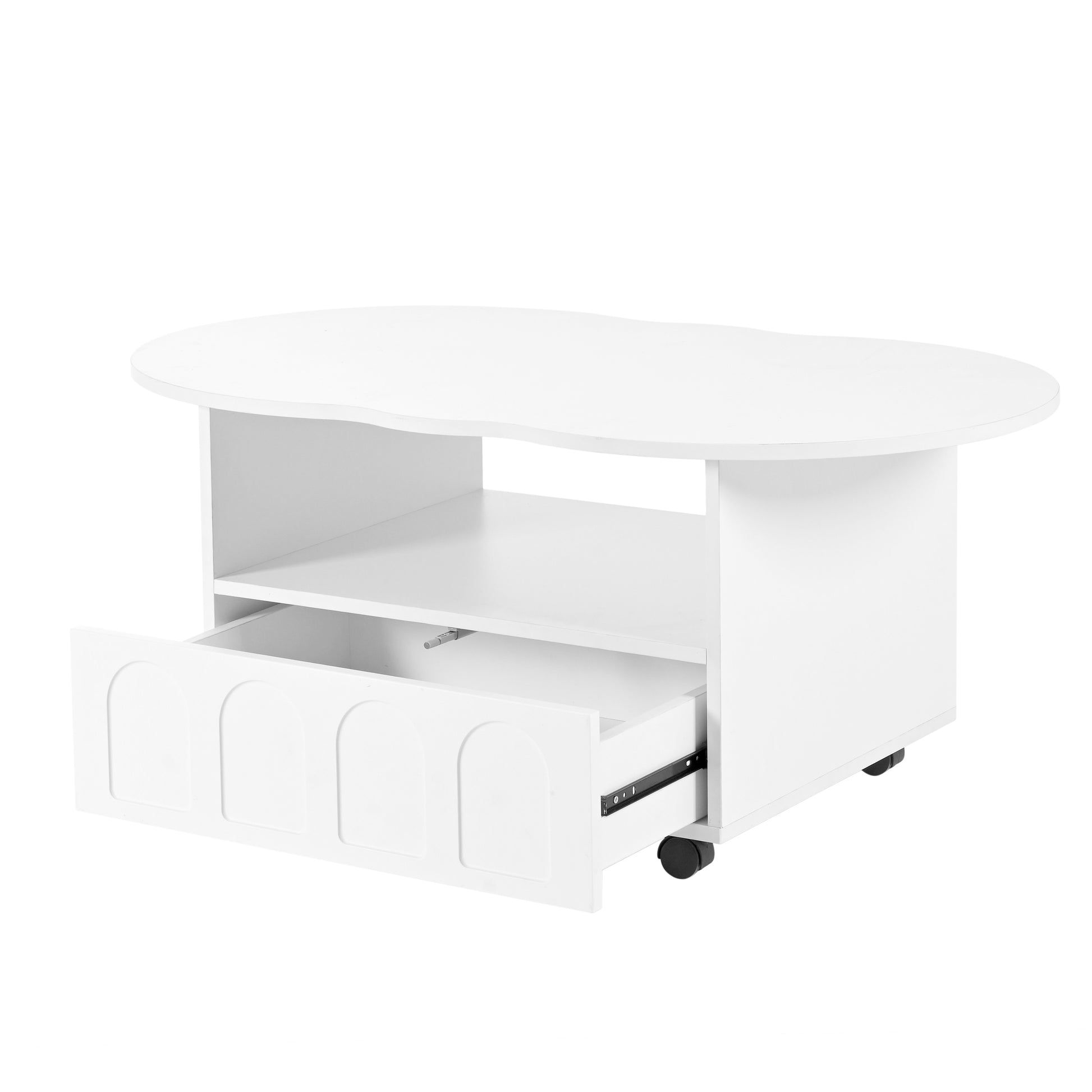 Flexible Cream Style Coffee Table With 2 Brake Wheels, Cloud Top Side Table With Drawer, Irregular Center Table With Large Storage For Living Room, White, 39.37''X 23.6'' White Particle Board