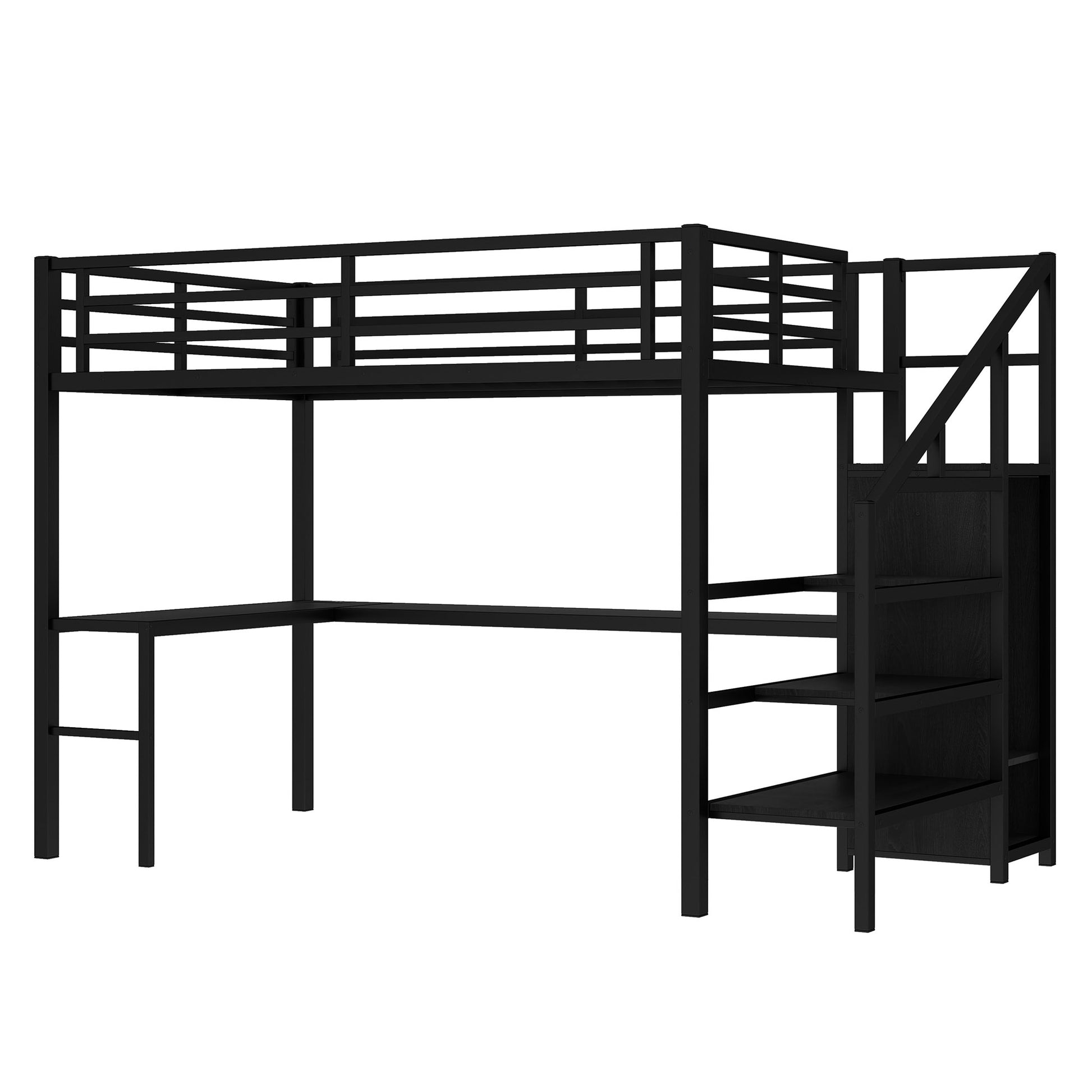 Full Size Loft Bed With L Shaped Desk And Usb, Metal Loft Bed With Wardrobe And Adjustable Shelf, High Loft Bed With Led For Kids Teens Adults, Black Full Black Metal