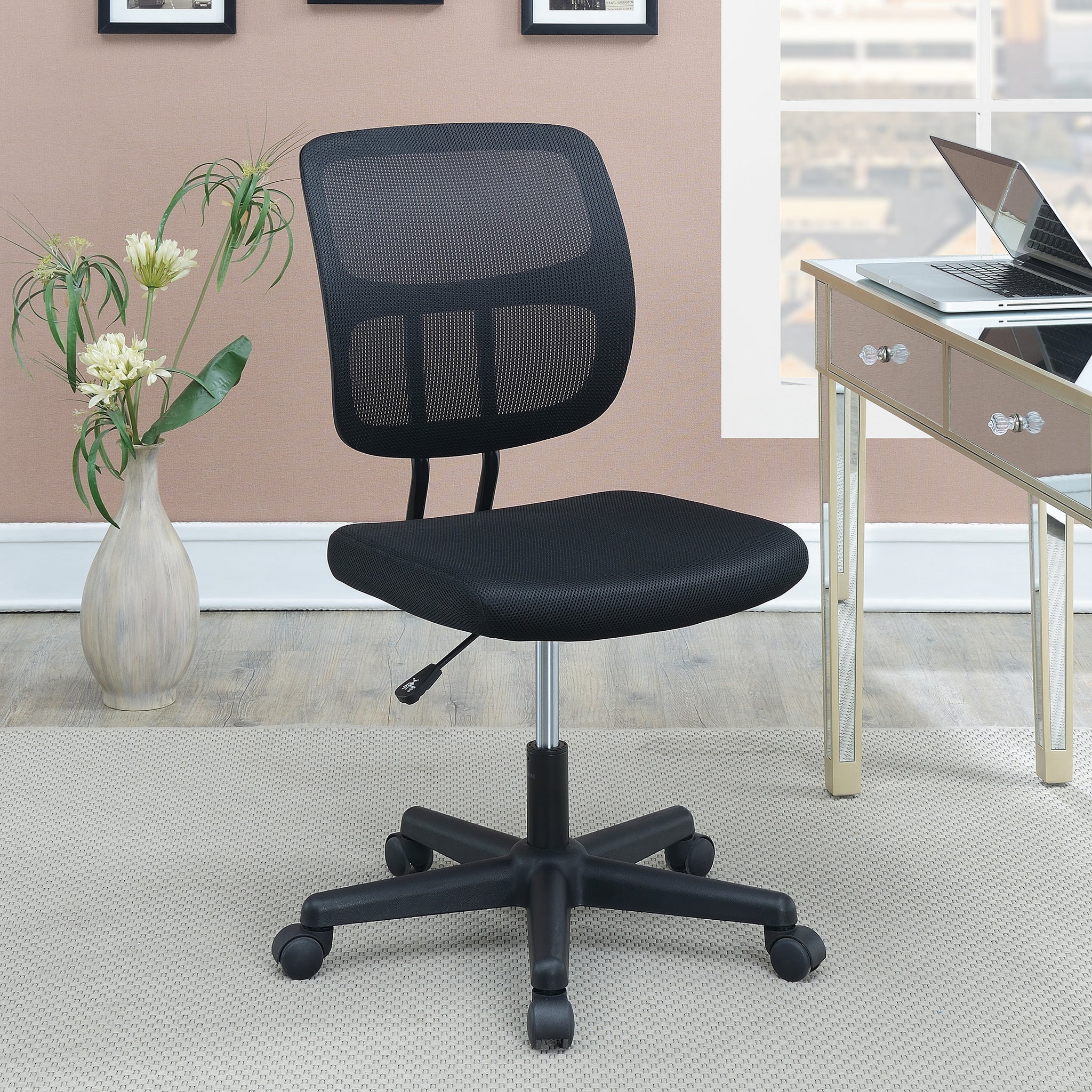 Mesh Back Adjustable Office Chair In Black Caster Solid Black Office Office Chairs Solid Back Adjustable Height Nylon Mesh