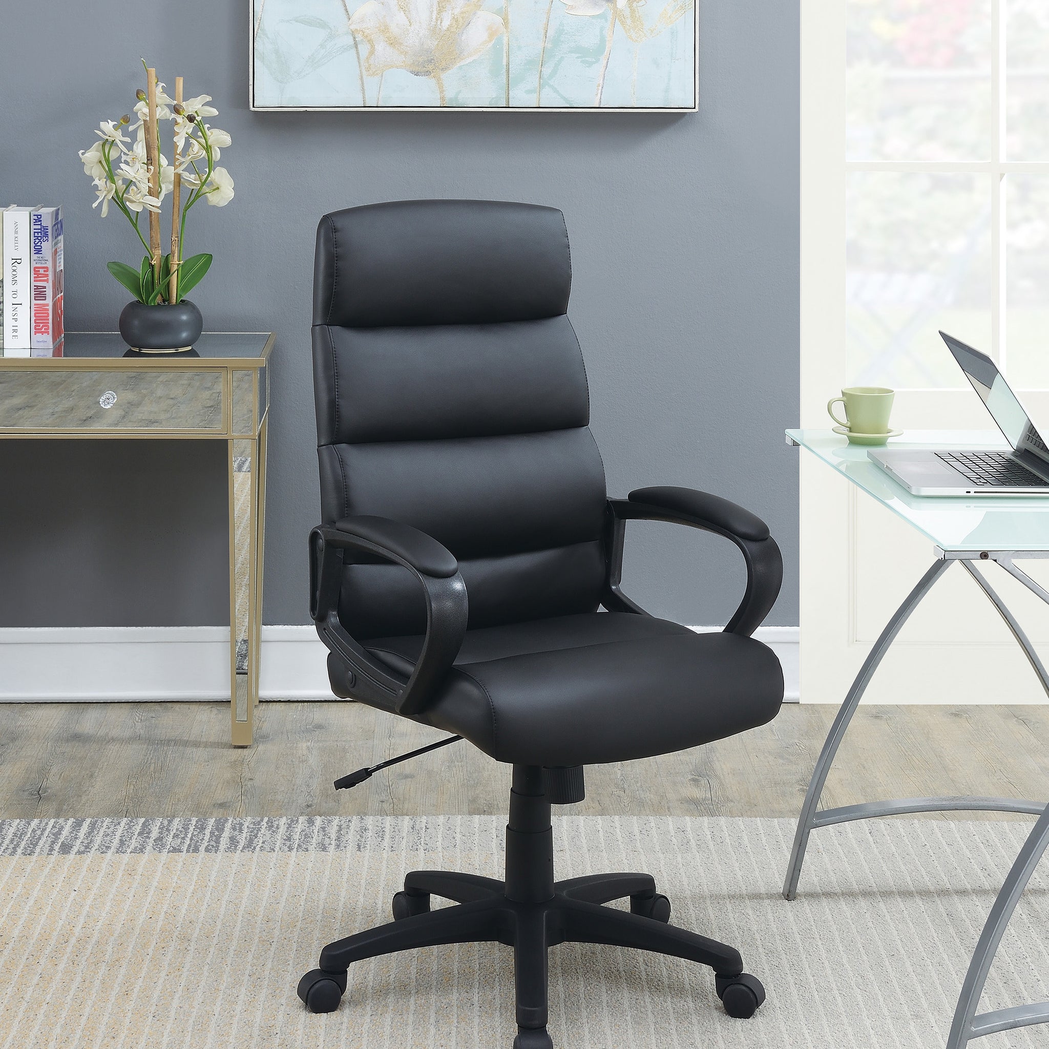 High Back Adjustable Height Office Chair In Black Caster Solid Black Office Office Chairs Solid Back Adjustable Height Pu