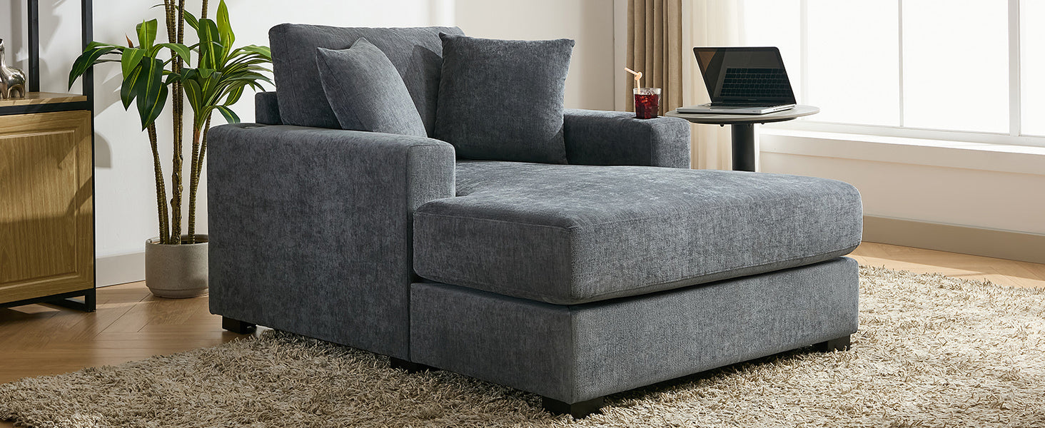 43.5" Oversized Chaise Lounger Modern Style Sofa Couch ,With Pillows, Charge Station & Cup Holders, Chenille Fabric, Blue Gray Blue Gray Chenille