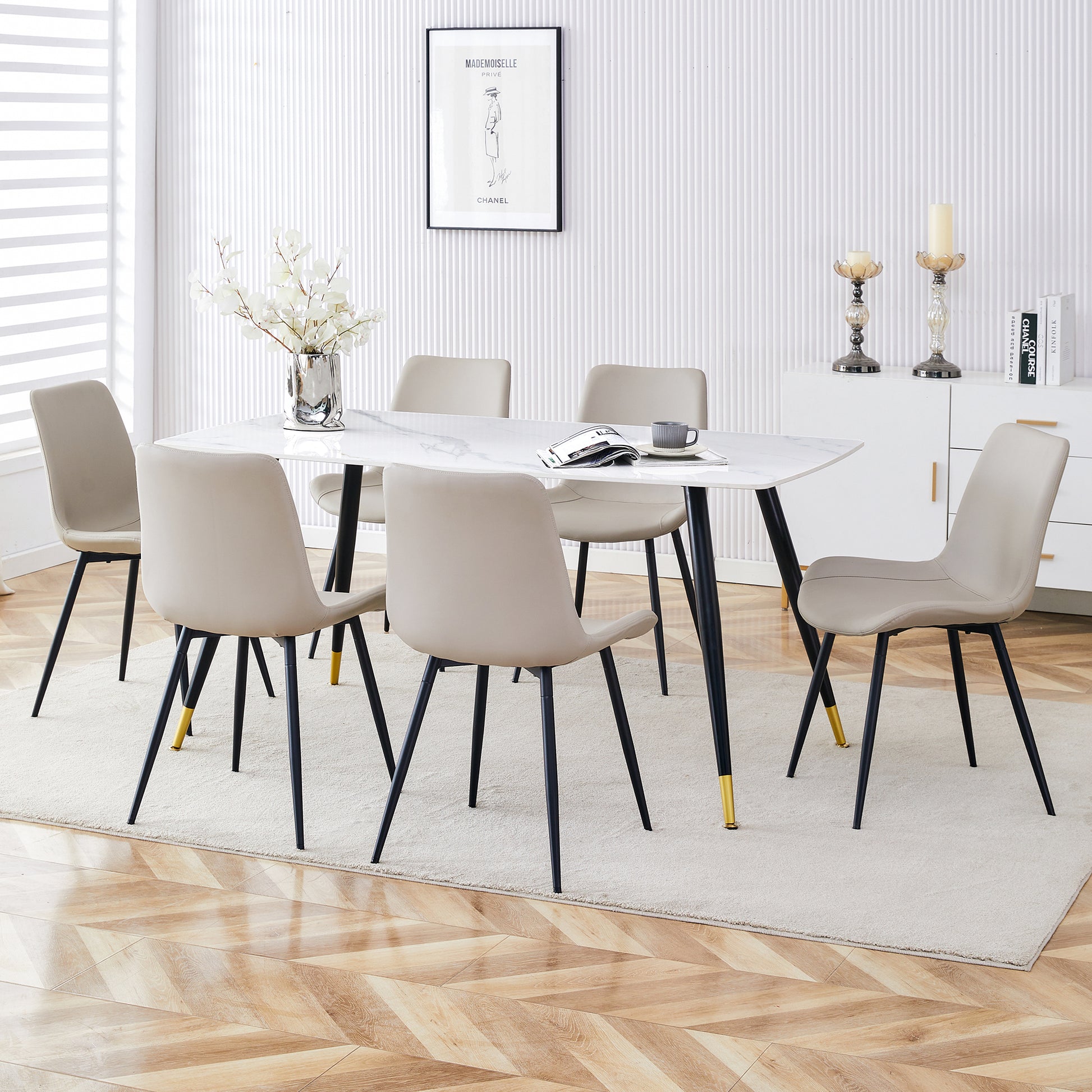 Table And Chair Set, White Imitation Marble Texture Rock Board Table Top, Black Metal Table Legs, Stable And Beautiful. Modern Simple Dining Table, Comfortable Seating. White Gray Metal