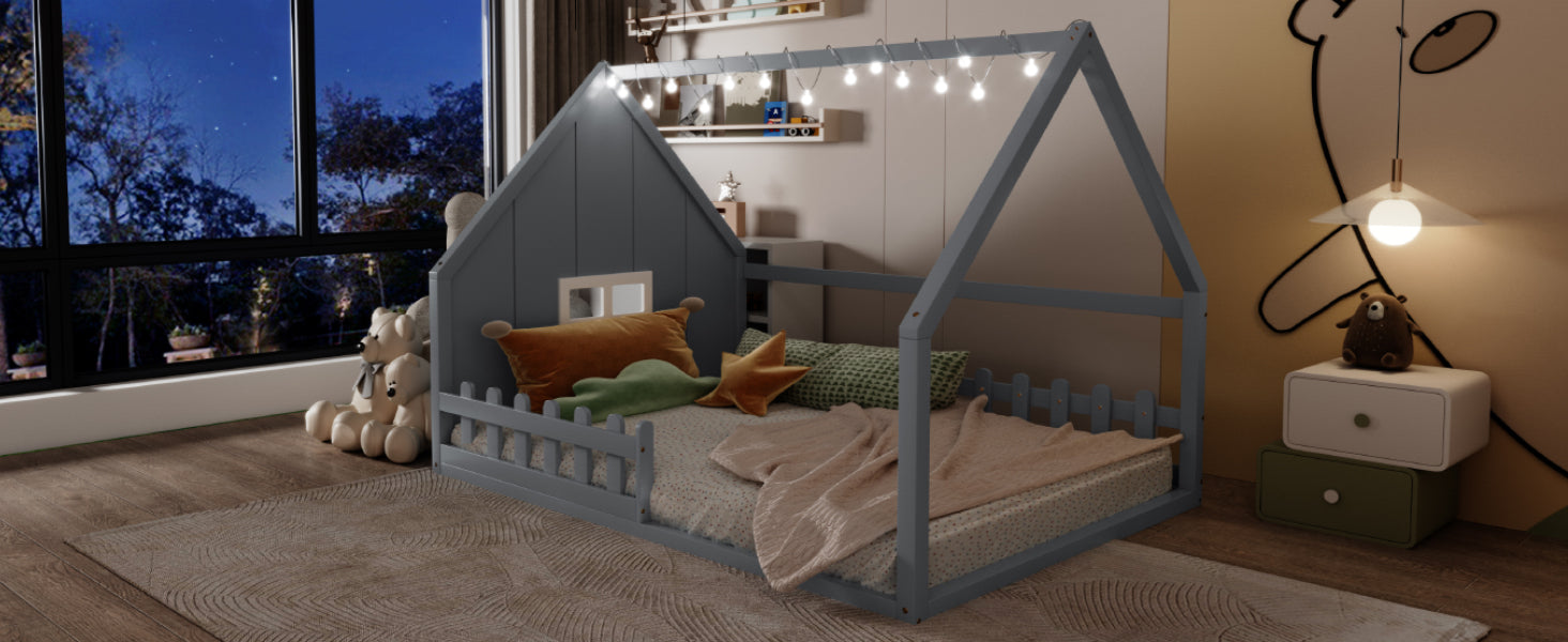 Full Size Wood House Bed With Window And Fence, Gray Old Sku: Wf304147Aae Box Spring Not Required Full Gray Wood Bedroom Pine Bed Frame Solid Wood Mdf
