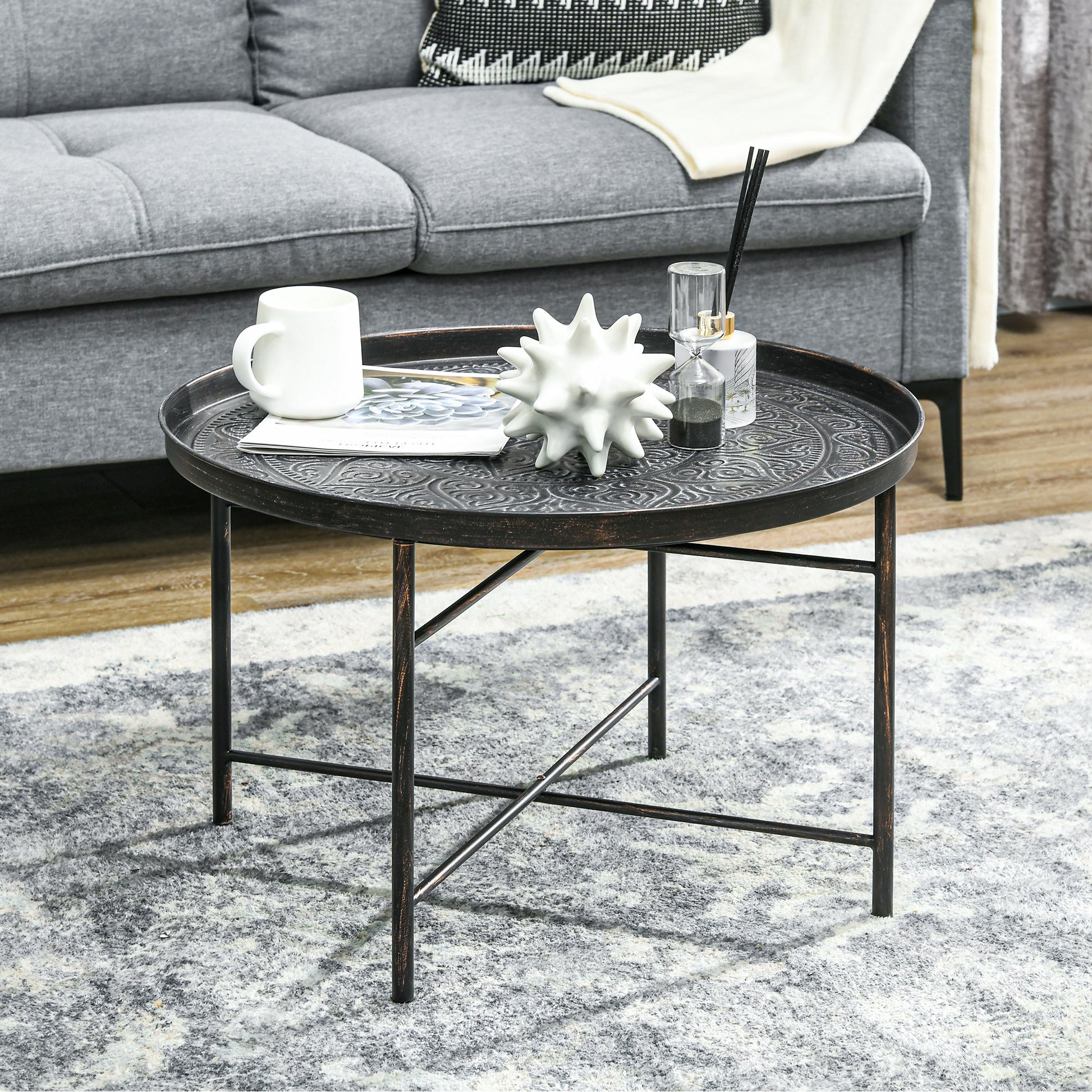 Homcom 24" Round Coffee Table With Hammered Tray Top, Vintage Metal Center Table For Living Room, Bedroom, Side Table, Pewter Pewter Metal
