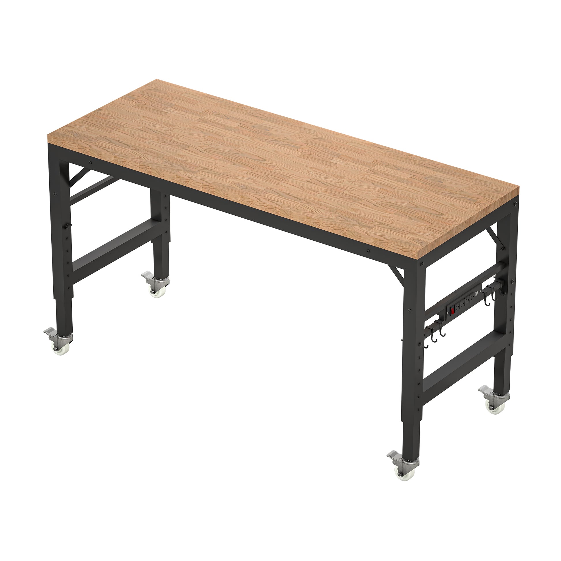 60" Adjustable Workbench For Garage, Rubber Wood Heavy Duty Workstation With Power Outlets & Wheels, 2000 Lbs Load Capacity Hardwood Worktable For Workshop, Garage, Office, Home, Commercial Black Metal & Wood