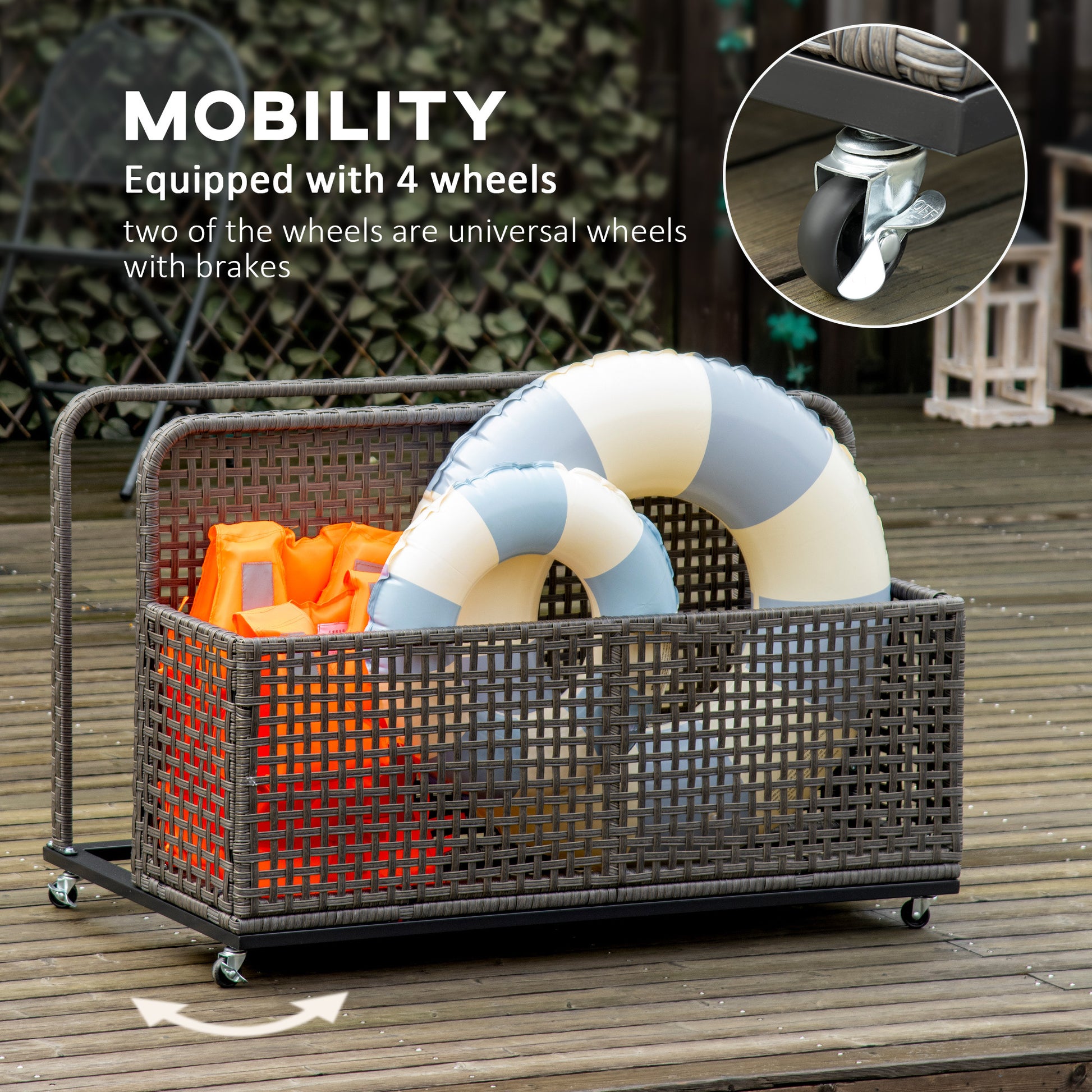 Outsunny Patio Wicker Pool Float Storage With Wheels, Outdoor Rolling Pe Rattan Pool Caddy, Includes Compartment And Basket, For Pool, Garden, Deck, Light Gray Gray Steel