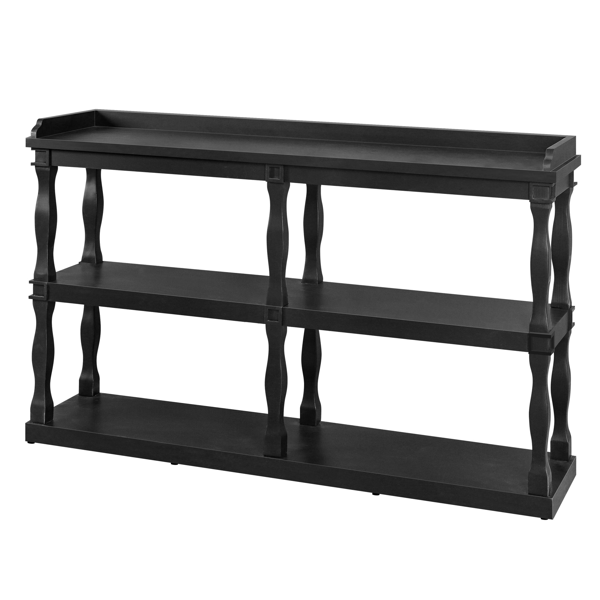 Console Table With 3 Tier Open Storage Spaces And Roman Column Effect Support Legs,Narrow Sofa Entry Table For Living Room, Entryway And Hallway Black Black Primary Living Space Floor Mount Console Tables Glossy Mdf Mdf