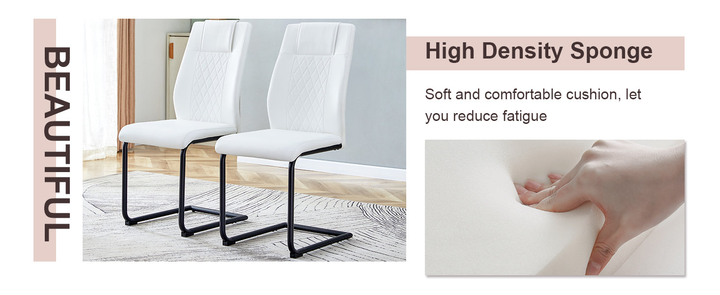 Table And Chair Set. Large Modern Rectangular Table With Black Textured Top And Black Metal Legs. Soft And Comfortable Pu Seats, Faux Leather Upholstered Seats And Sturdy Metal Legs. White Black Seats 4 Sintered Stone