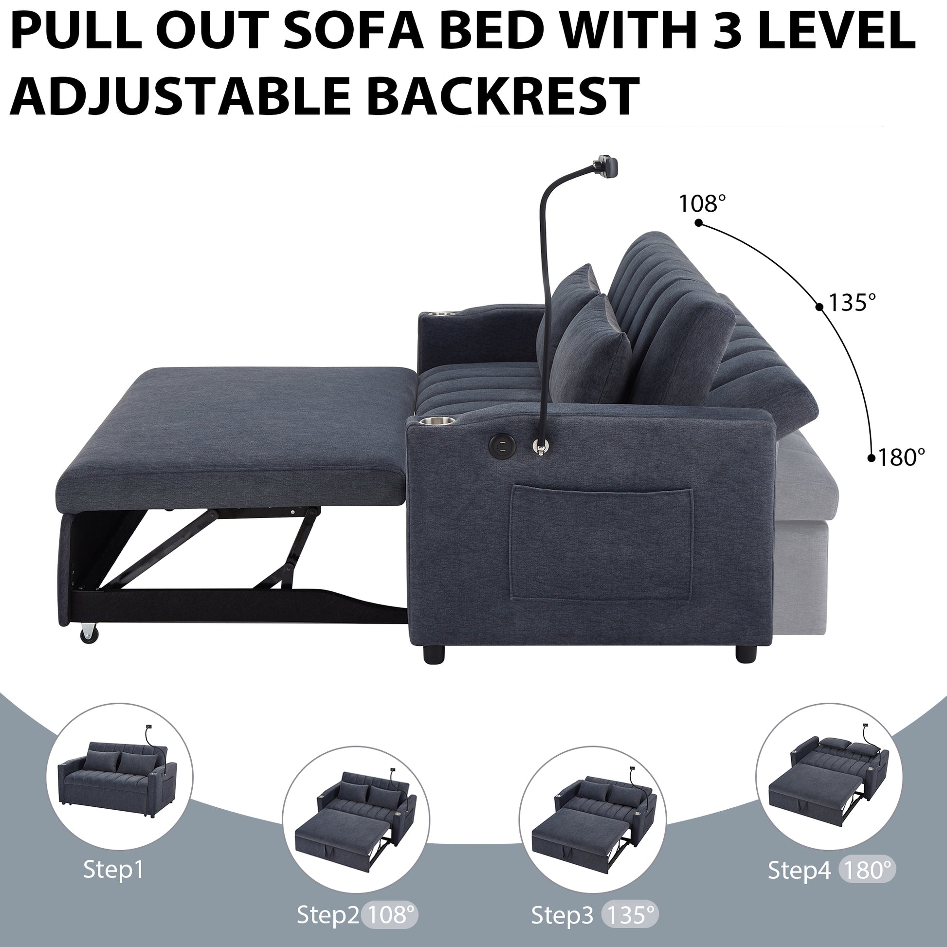 55.9" Convertible Sofa Bed Loveseat Sofa With Three Usb Ports, Two Side Pockets, Two Cup Holders And 360 Swivel Phone Holder For Living Room, Blue Grey Blue Gray Foam Polyester