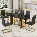 Table And Chair Set. Modern Dining Table With Mdf Top And Beautiful Mdf Legs. Equipped With Comfortable Pu Chairs And Metal Legs. Suitable For A Wide Range Of Decorative Styles. Black Seats 6 Mdf