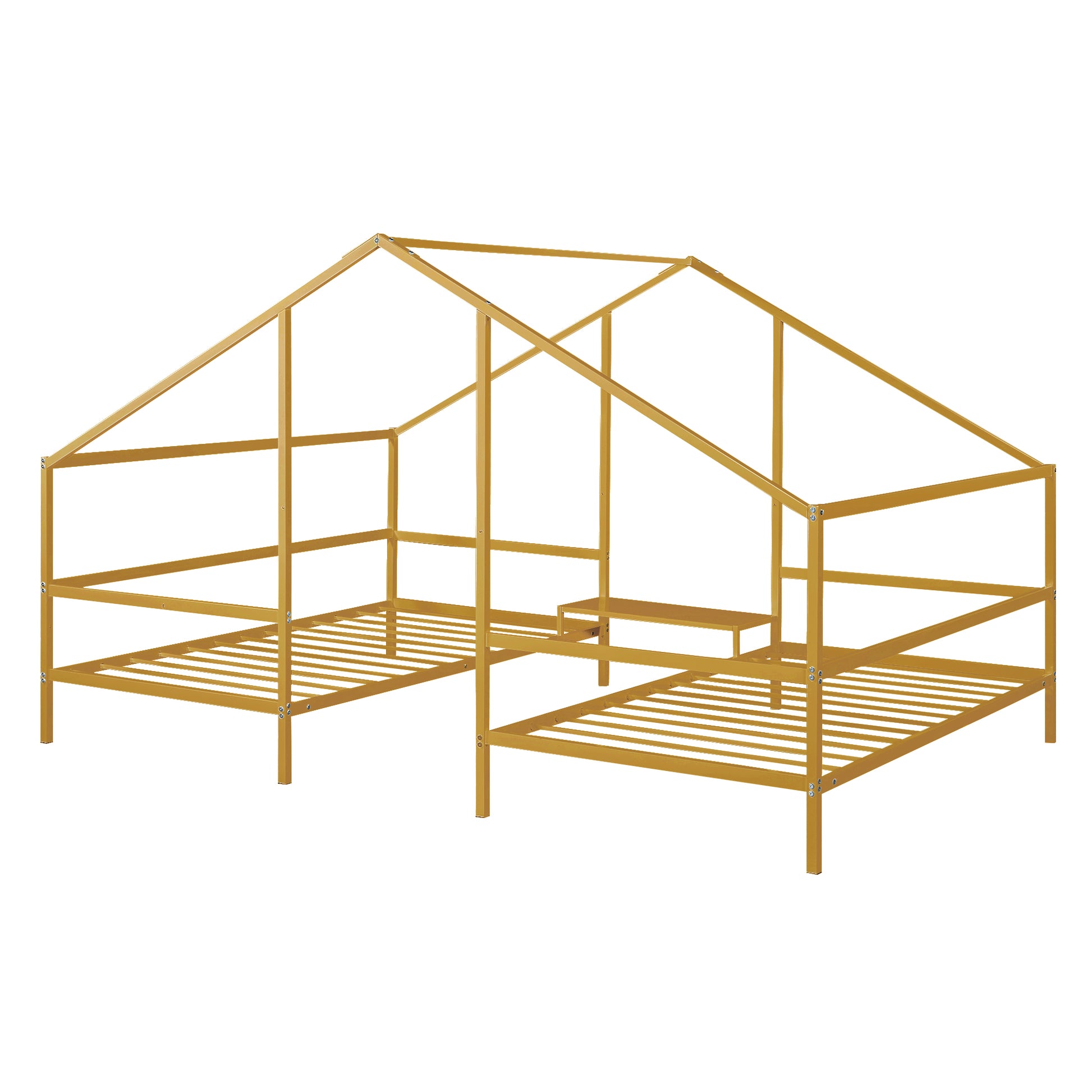 Metal Double Twin Size Triangular House Beds With Built In Table, Gold Box Spring Not Required Twin Gold Metal Metal