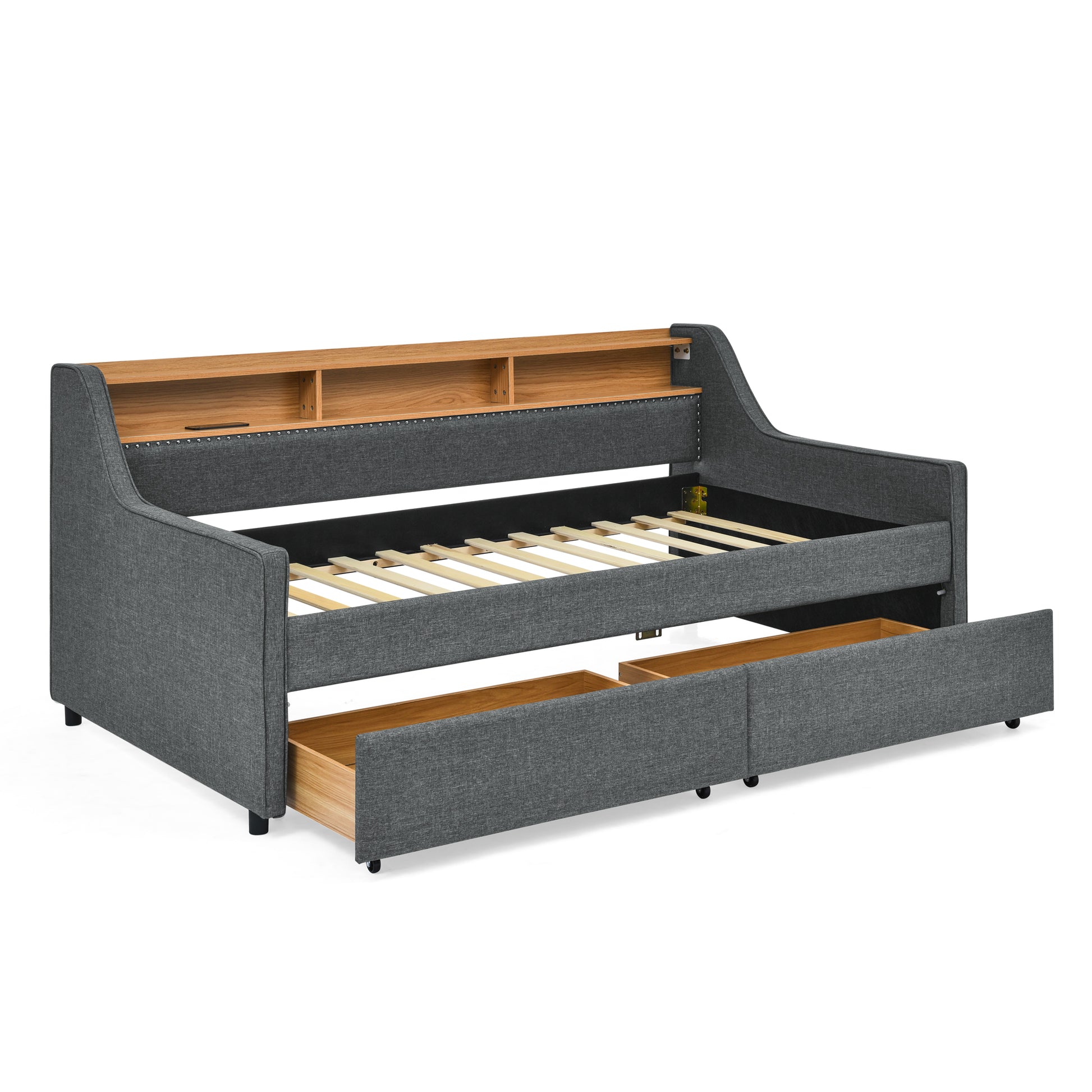 Twin Size Upholstery Sofa Bed With Three Led Lights, With Storage Adjustable Headboard, With Two Storage Pull Up Drawers And Wireless Charging, Linen Padded Sofa Bed Frame, Grey Box Spring Not Required Twin Grey Composite Bedroom Classic Eucalyptus Foam