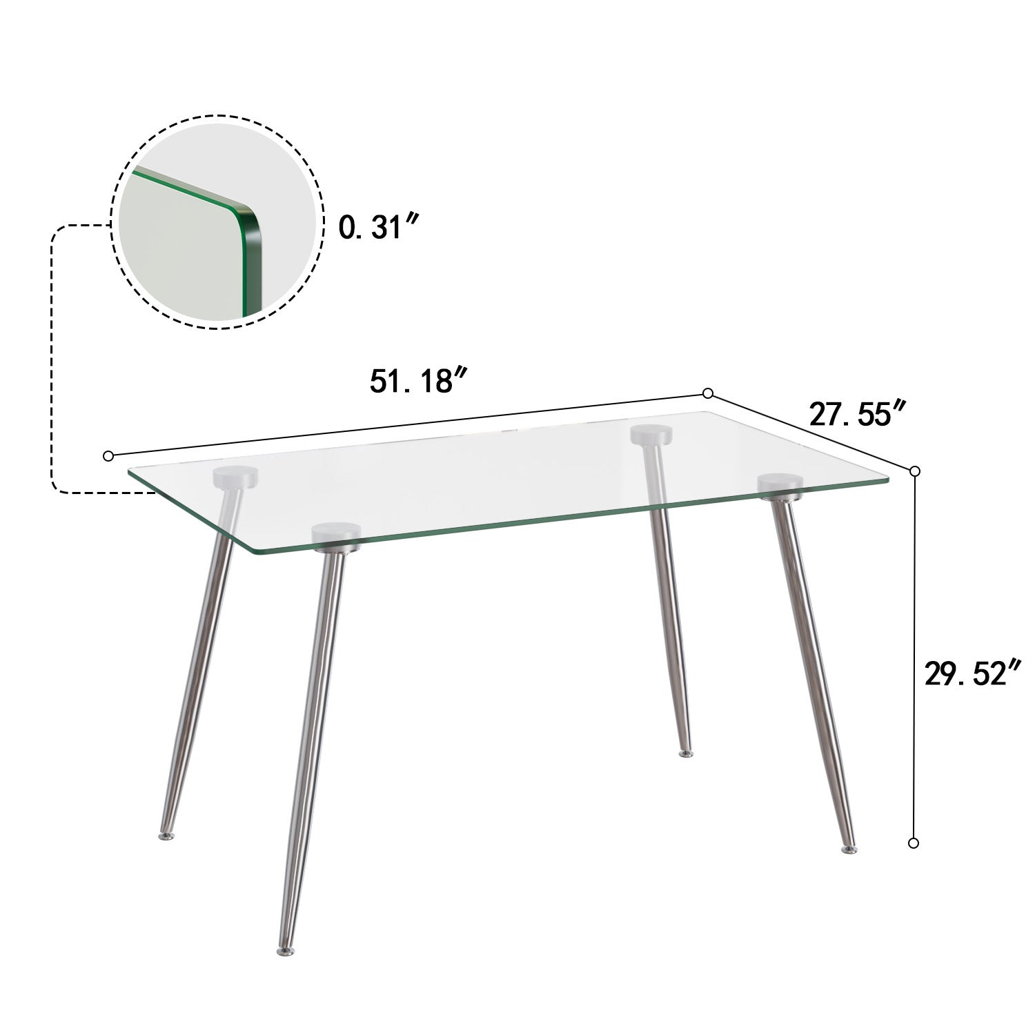 Glass Dining Table, Modern Rectangular Table With Tempered Glass Tabletop & Sliver Metal Legs, Simplistic Kitchen Table, 51 X 27.5 X 29.5 Inch, Versatile Table For Home Office Transparent Glass
