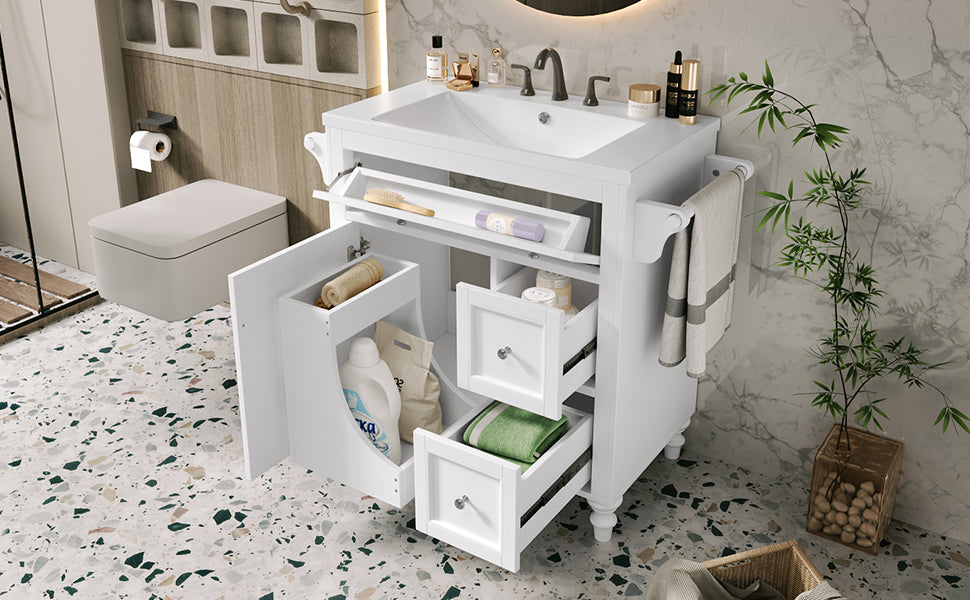 30'' Bathroom Vanity With Top Sink, Modern Bathroom Storage Cabinet With 2 Drawers And A Tip Out Drawer, Single Sink Bathroom Vanity Same As Sw000143Aak White Bathroom Modern Solid Wood Mdf Resin