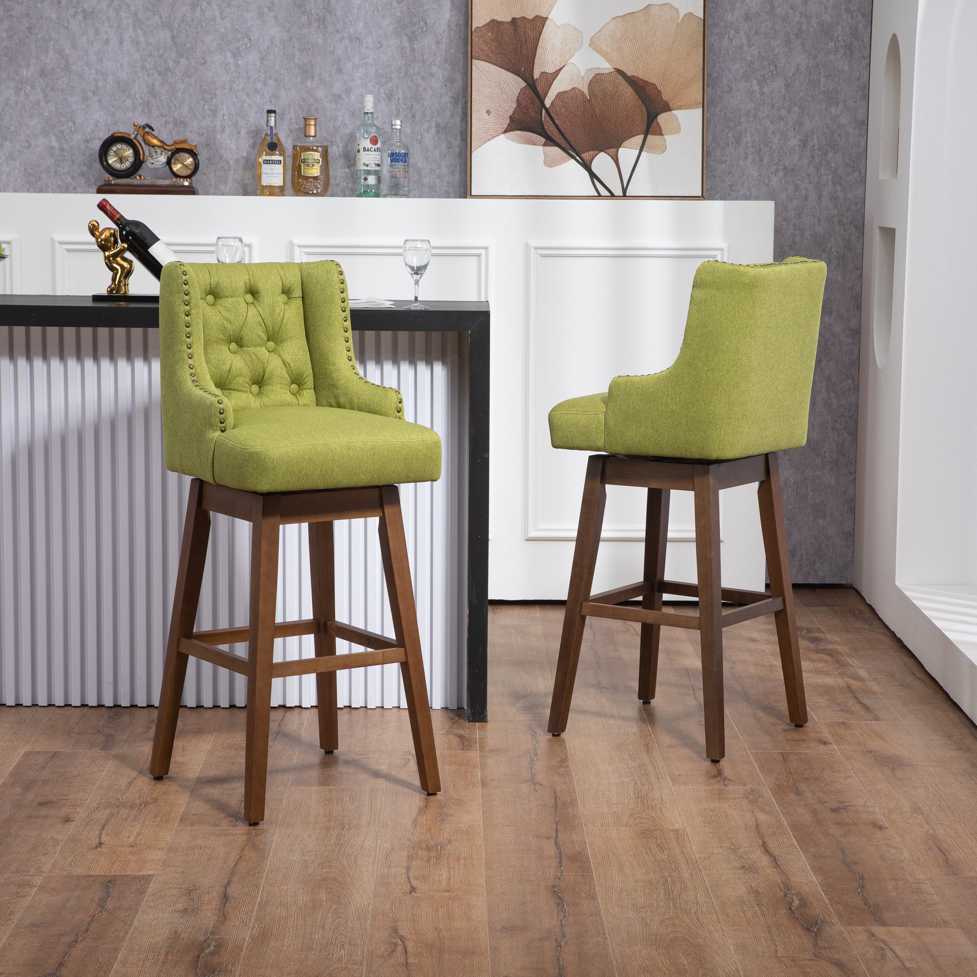 Coolmore Bar Stools Set Of 2 Counter Height Chairs With Footrest For Kitchen, Dining Room And 360 Degree Solid Wood Legs Swivel Bar Stools Set Of 2 Olive Linen Olive Foam Linen