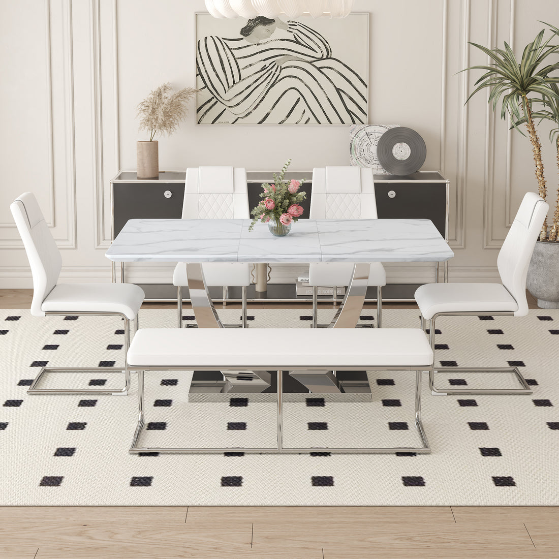 Table And Chair Set. Large Modern Rectangular Table With White Textured Top And Silver Metal Legs. Soft And Comfortable Pu Seats, Faux Leather Upholstered Seats And Sturdy Metal Legs. White Mdf Metal