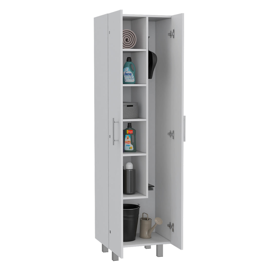 Cleaning Cabinet With Five Shelves And Broom Hangers, White White Solid Wood Mdf Engineered Wood