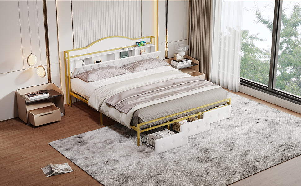 Metal Platform Bed With 3 Drawers, Storage Headboard, King, Gold King Gold White Fabric Metal