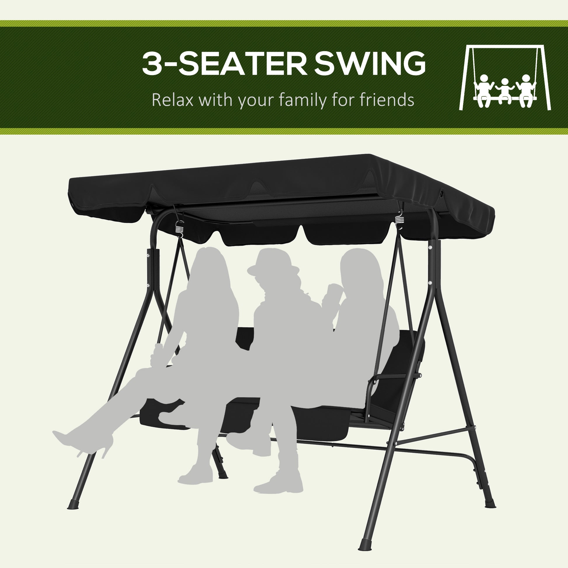Outsunny 3 Seat Outdoor Patio Swing Chair With Removable Cushion, Steel Frame Stand And Adjustable Tilt Canopy For Patio, Garden, Poolside, Balcony, Backyard, Black 2 Black Steel