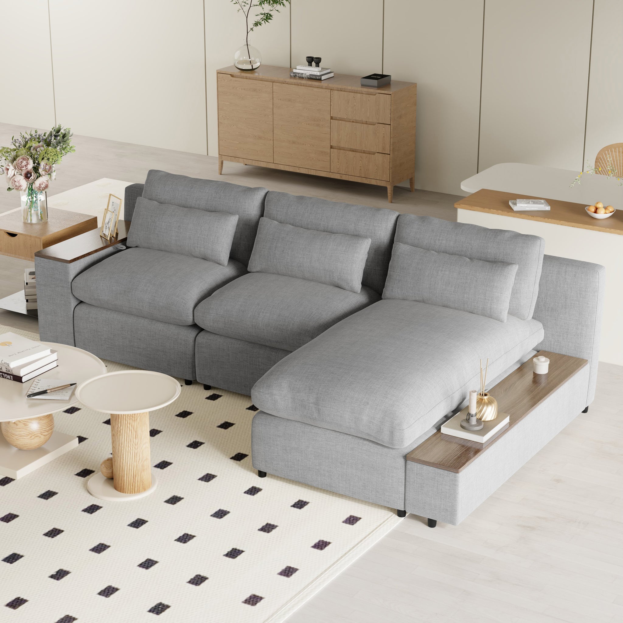 L Shaped Modular Sectional Sofa With Removable Back Cushions,3 Pillows And 2 Storage Spaces,Suitable For Living Rooms,Offices And Apartments Gray Polyester 3 Seat