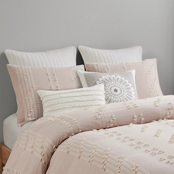 3 Piece Cotton Jacquard Duvet Cover Set Queen Pink Cotton