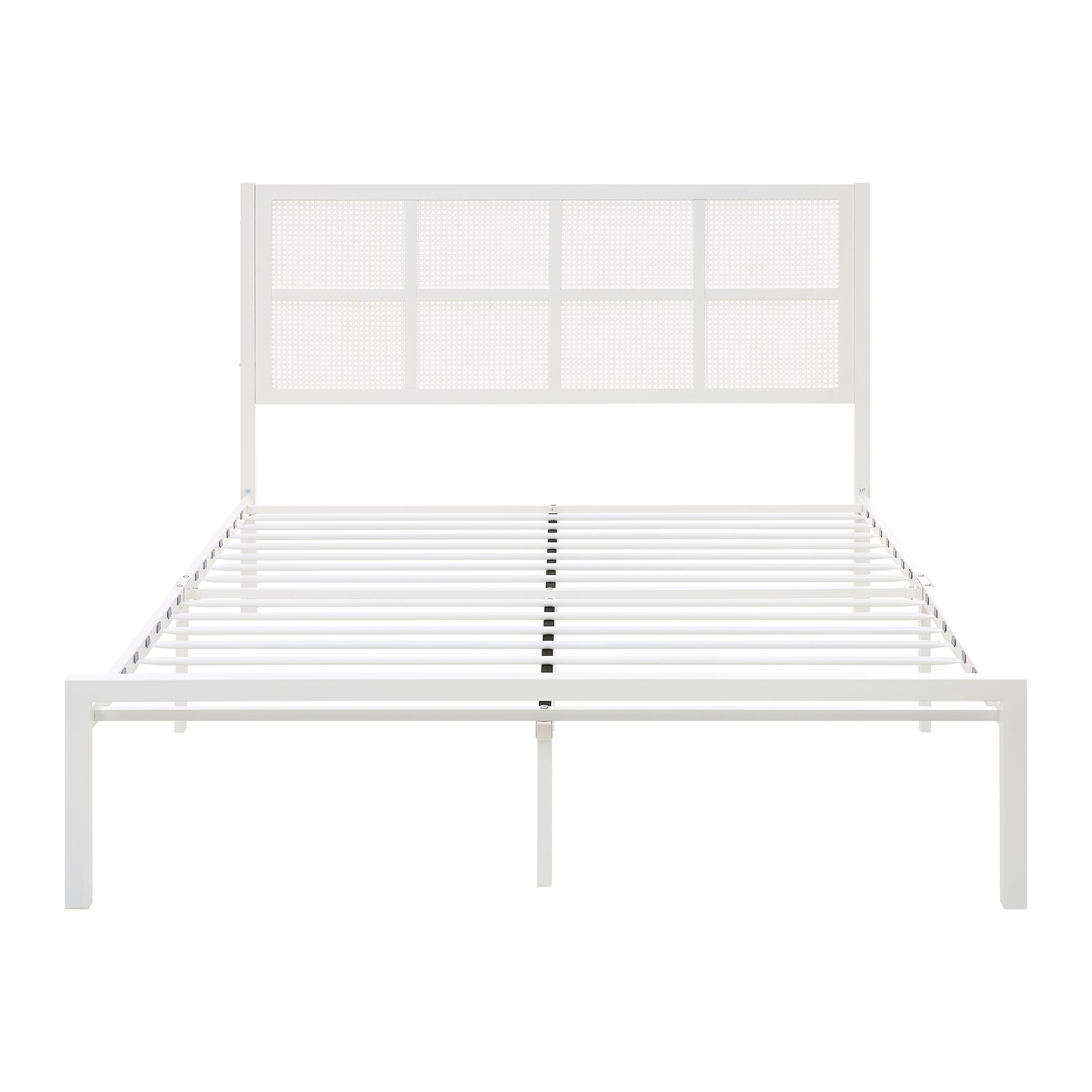 1Pc Eastern King Platform Bed, Metal Frame White Finish Faux Cane Panel Headboard Casual Coastal Bedroom Furniture, Bed In A Box Box Spring Not Required King White Metal Bedroom Casual,Coastal Metal