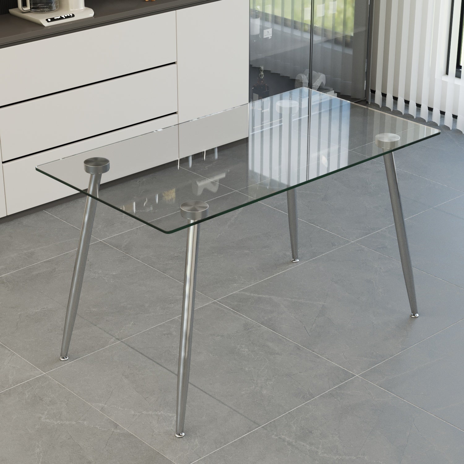 Glass Dining Table, Modern Rectangular Table With Tempered Glass Tabletop & Sliver Metal Legs, Simplistic Kitchen Table, 51 X 27.5 X 29.5 Inch, Versatile Table For Home Office Transparent Glass