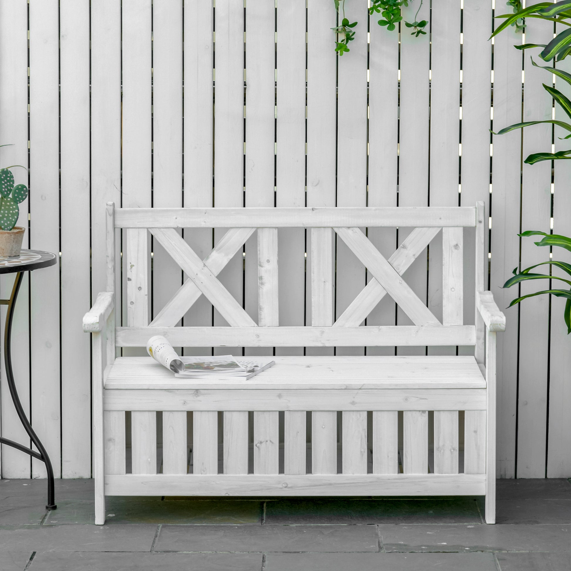 Outsunny Patio Wooden Bench With Storage Box, 29 Gallon Outdoor Storage Bench, Large Entryway Deck Box W Unique X Shape Back, For Deck, Porch & Balcony, White White Wood
