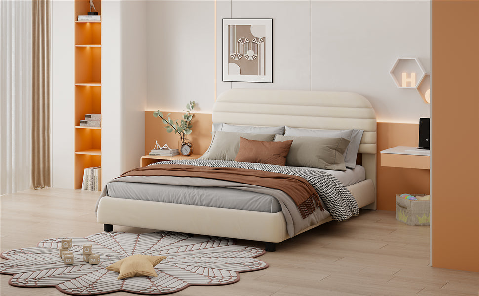 Queen Size Velvet Upholstered Platform Bed,Solid Frame And Stylish Curve Shaped Design, Beige Queen Beige Velvet