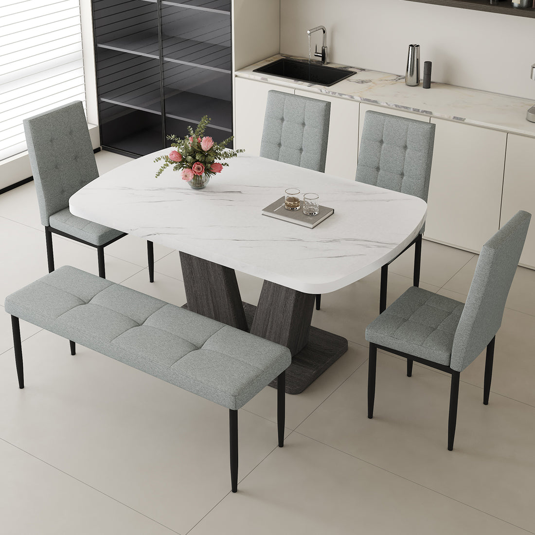 63" Modern Style 6 Piece Dining Table With 4 Chairs & 1 Bench, Table With Marbled Veneers Tabletop And V Shaped Table Legs White Metal Grey White Modern Rectangular Mdf Mdf