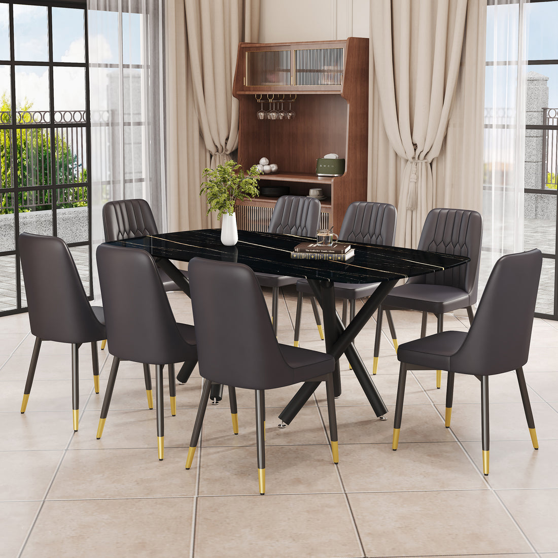 1 Table And 8 Chairs Set.A Rectangular Dining Table With A Imitation Marble Black Table Top And Black Metal Legs.Paired With 8 Chairs With Pu Leather Seat Cushion And Black Metal Legs.F 1538,C 007 Black Glass Metal