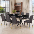 1 Table And 8 Chairs Set.A Rectangular Dining Table With A Imitation Marble Black Table Top And Black Metal Legs.Paired With 8 Chairs With Pu Leather Seat Cushion And Black Metal Legs.F 1538,C 007 Black Glass Metal