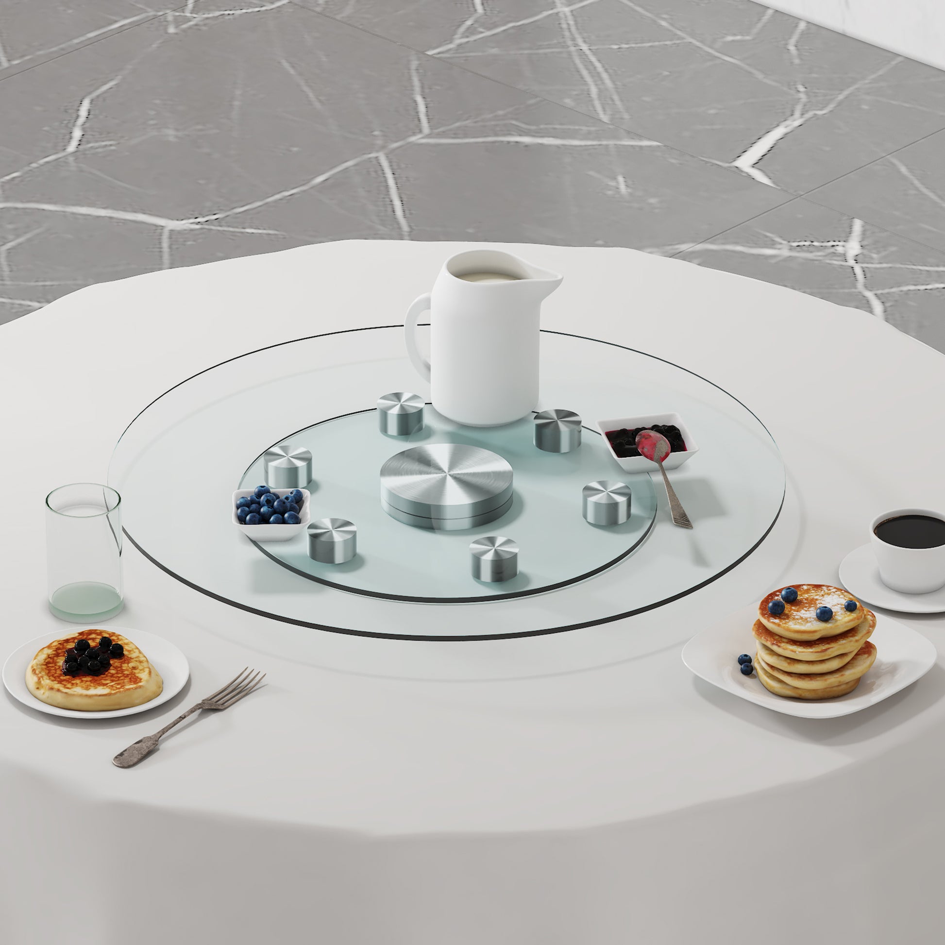 Double Layer Rotatable Round Glass.The Rotatable Design Makes It More Convenient To Retrieve And Place Items.The Upper Glass Has A Diameter Of 24 Inches, While The Lower Glass15 Inches. Transparent Glass