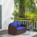 Outsunny Patio Wicker Loveseat With Cushions, 2 Seat Outdoor Pe Rattan Couch Sofa With Throw Pillows, For Porch, Backyard, Garden, Poolside, Blue Dark Blue Rattan Metal